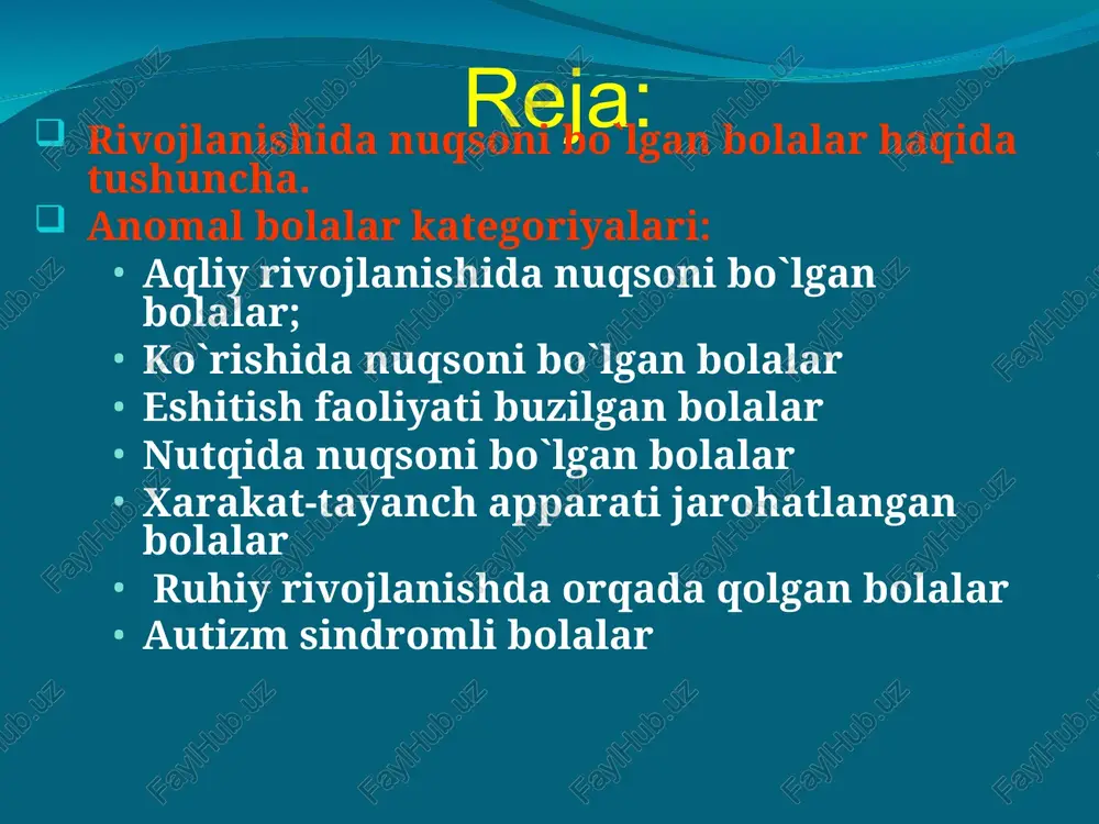 . maxsus yordamchi maktablarda ta’lim olib, elementar mexnat faoliyatini egallaydilar. imbetsillik – oligofeniyaning o`rta darajasi bo`lib, bunday bolalar kategoriyasini daun sindromli bolalar tashkil etadi. daun sindromi xromosoma kasalligi bo`lib, xromosomalar sonining bittaga ko`payib, 47ta bo`lib oshib ketishi natijasida yuzaga keladi, ular tashqi ko`rinishidan bir biriga juda o`xshash bo`ladilar. imbitsil bolalar xattoki yordamchi maktab dasturini ham egallay olishga qiynaladilar. idiotiya - oligofeniyaning eng og`ir darajasi bo`lib, bunday bolalar xattoki o`zini, ota-onasini ham tanimaydilar. ularda tafakkur deyarli rivojlanmagan. ular ta’lim olishga qodir emaslar. idiot bolalar mexnat va aholini ijtimoiy muxofaza qilish vazirligiga qarashli muruvvat uylarida umrlarini ohirigacha tarbiyalanadilar. ko`rishida nuqsoni bo`lgan bolalar ko`rishida nuqsoni bo`lgan bolalar tasnifi ko`rlik (ko`ruv qoldig`i 0,01 dan 0,04 gacha) – mutloq ko`rmaydigan bolalar zaif ko`ruvchi bolalar (0,05 dan yuqori) – qisman ko`radigan bolalar g`ilaylik va ambliopiya – zaif ko`ruvchilikning o`ziga xos yengil turi diagramma1 69 49 34 20 1 list1 1 stolbets1 69 49 34 20 dlya …