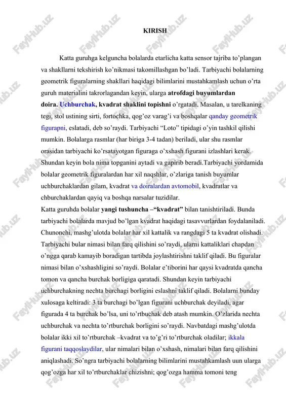 iklari chapdan o’ngga qarab kamayib boradigan tartibda joylashtirishni taklif qiladi. bu figuralar nimasi bilan o’xshashligini so’raydi. bolalar e’tiborini har qaysi kvadratda qancha tomon va qancha burchak borligiga qaratadi. shundan keyin tarbiyachi uchburchakning nechta burchagi borligini eslashni taklif qiladi. bolalarni bunday xulosaga keltiradi: 3 ta burchagi bo’lgan figurani uchburchak deyiladi, agar figurada 4 ta burchak bo’lsa, uni to’rtbuchak deb atash mumkin. o’zlarida nechta uchburchak va nechta to’rtburchak borligini so’raydi. navbatdagi mashg’ulotda bolalar ikki xil to’rtburchak –kvadrat va to’g’ri to’rtburchak oladilar; ikkala figurani taqqoslaydilar, ular nimalari bilan o’xshash, nimalari bilan farq qilishini aniqlashadi. so’ngra tarbiyachi bolalarning bilimlarini mustahkamlash uun ularga qog’ozga har xil to’rtburchaklar chizishni; qog’ozga hamma tomoni teng to’rtburchak chizishni va ular nima deb atalishini aytishni; ikkitadan tomoni teng to’rtburchak chizishni; cho’plardan har xil to’rtburchaklar tuzishni; to’rtburchak shaklidagi buyuchlarni topish va aytishni;№ 2 ta teng uchburchakdan, 4 ta teng kvadratdan to’rtburchak tuzishni taklif qiladi. bolalar geometrik figuralarning shakllarini bilganliklari uchun ular …