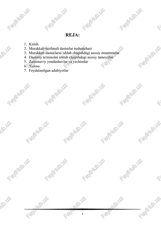 shunish va samarali boshqarish bo‘yicha nazariy va amaliy bilimlar shakllantirishdan iborat. 2.murakkab tuzilmali dasturlar tushunchasi ko’pgina zamonaviy dasturiy tizimlar obyektiv jihatdan ancha murakkab.bu murakkablikning ko’p,sabablari mavjud,eng muhimi ular hal etayotgan vazifalarning mantiqiy murakkabligidir.dasturiy tizimlarni ishlab chiqishning murakkabligini oshiruvchi qo’shimcha omillar quyidagilar: · dasturiy tizimlarga qo’yiladigan talablarni rasmiy belgilash murakkabligi; · kiruvchi tasirlarning aniqlanmagan ketma-ketligi ko’p sonli holatlar bilan diskretli tizimlar xatti-harakatlarini tavsiflashning qoniqarli vositalari yo’qligi; · jamoa bulib ishlab chiqish; · kodlar takrorlanishi darajasining ko’paytirish zarurati; dasturiy tizimlarga qo’yiladigan talablarni belgilash murakkabligi 2 omil bilan belgilanadi.birinchidan,talablarni belgilashko’p sonli turli omilarni hisobga olish zarur.ikkinchidan dasturiy tizimlarni ishlab chiquvchilar avtomatlashtirilgan predmet sohalarida mutaxxssis emaslar.predmat sohasidagi mutaxassislar,odatda muammoni kerakli rekersda ifoda qilib beraolmaydi. murakkab tuzilmali dasturlar — bu oddiy dasturiy vositalardan farqli o‘laroq, ko‘plab modullar, komponentlar va xizmatlarni o‘z ichiga oluvchi, katta hajmdagi ma’lumotlar bilan ishlovchi, ko‘p foydalanuvchili muhitda faoliyat yurituvchi va odatda bir nechta platformalarda ishlay oladigan dasturiy tizimlardir.bunday dasturlar odatda quyidagi …