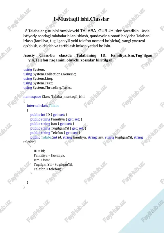} } } form oynasidagi kodlar: namespace class_talaba_mustaqil_ishi { public partial class form1 : form { private talaba_guruhcs guruh; public form1() { initializecomponent(); guruh = new talaba_guruhcs(); initializedatagridview(); } private void initializedatagridview() { datagridview1.columns.clear(); datagridview1.columns.add("id", "id"); datagridview1.columns.add("familiya", "familiya"); datagridview1.columns.add("ism", "ism"); datagridview1.columns.add("tugilganyil", "tug'ilgan yil"); datagridview1.columns.add("telefon", "telefon"); } private void form1_load(object sender, eventargs e) { } private int id = 0; private void qushish_button_click(object sender, eventargs e) { int id_yangi = ++id; string familiya = txt_fam.text; string ism = txt_ism.text; string tugilganyil = txt_tug_yil.text; string telefon = txt_tel_raqam.text; try { talaba talaba = new talaba(id, familiya, ism, tugilganyil, telefon); guruh.qoshish(talaba); messagebox.show("talaba muvaffaqiyatli qo'shildi."); yangiroyxat(); } catch (argumentexception ex) { messagebox.show(ex.message, "xato"); } } private void yangiroyxat() { datagridview1.rows.clear(); foreach (var talaba in guruh.gettalabalar()) { datagridview1.rows.add(talaba.id, talaba.familiya, talaba.ism, talaba.tugilganyil, talaba.telefon); } } private void qidirish_button_click(object sender, eventargs e) { string familiya = txt_fam.text.trim(); string ism=txt_ism.text.trim(); if (string.isnullorempty(familiya)&&string.isnullorempty(ism)) { messagebox.show("iltimos, familiya kiriting."); return; } …