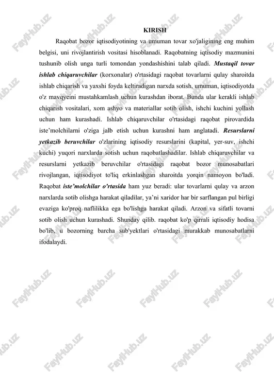 anglatadi. bu munosabatlarni qiymatning mehnat va naflilik nazariyalarini sintez qilish usulini davom ettirgan holda quyidagi ko'rinishda ifodalash mumkin ( 1-chizma). chizmadan ko'rinadiki, ishlab chiqaruvchilar o'rtasida sarflangan xarajatlarining har bir birligi evaziga ko'proq foyda olish uchun kurash boradi. mana shu foyda orqasidan quvish natijasida ular orasida tovarlarni sotish doiralari, ya'ni qulay bozorlar, arzon xom ashyo, va arzon ishchi kuchi, energiya manbalari uchun kurash boradi. o’z navbatida xaridorlar, ya’ni iste’molchilar sarflagan har bir so'm xarajati evaziga ko'proq naflilikka ega bo'lish uchun kurashadilar, ularning har biri arzon hamda sifatli tovar va xizmatlarga ega bo'lishga harakat qiladilar. aksariyat holatlarda raqobatni bevosita tovarlar yoki tarmoqlar o'rtasidagi kurash sifatida ta’riflaydilar: “tovarlar hamda ularning ishlab chiqaruvchilari - firmalar, tarmoqlar. mamlakatlar o'zaro raqobatlashadilar. shunga ko'ra, raqobat va raqobatbardoshlikni ham tovarlar, ham tovar ishlab chiqaruvchilarga nisbatan ko'rib chiqish mumkin”. ma’lumki, kurash — bu o'z manfaatini himoya qilish, raqibni yengib chiqish hamda g'olib bo'lish uchun harakat, turli vosita va usullarni …