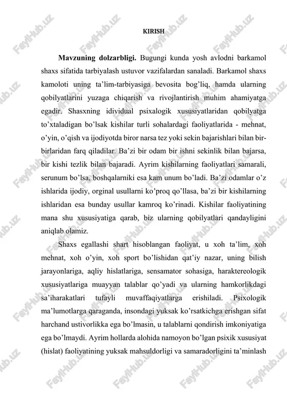 b-baravar kuch quvvat tariqasida vujudga keladi, degan faraz o’zini oqlamaydi. shuning uchun qobiliyatlar murakkab tuzilishiga ega bo’lgan psixik sifatlar (hislatlar) majmuasidir deyish juda o’rinlidir. qobiliyatlar sifatida ro’yobga chiqadigan psixik hislatlar majmuasining tuzilishi yaqqol va alohida faoliyat talabi bilan belgilanganligi tufayli har qaysi turdagi faoliyatlar uchun o’ziga xos tarzda qoʻyilishi turgan gap. kurs ishining maqsadi.xorijiy psixologiyada shaxs taraqqiyoti muommosi mavzusini oʻrganish va tahlil qilish. kurs ishining ob’yekti. shaxs mavzusiga oid maʼlumotlar va ularning tahlili. kurs ishining predmeti. xorijiy psixologiyada shaxs tarqqiyoti muommosini oʻrganishning qay tarzda borishi haqida ham mulohazalar yuritish. kurs ishining vazifalari. 1. shaxs tushunchasining mazmun-mohiyatini va uning inson hayotidagi oʻrnini oʻrganish; 1. shaxs nazariyalarini o’rganish va tahlil qilish 1. shaxslarning tuzulishini oʻrganish; 4.xorijiy psixologiyada shaxs taraqqiyoti muommosini tahlil qilishdan iborat. kurs ishining tuzilishi. kurs ishi kirish, 2ta bob (4ta paragraf), xulosa va foydalanilgan adabiyotlar roʻyxatidan iborat i bob chet-el psixologiyasida shaxs nazariyasi 1.1 shaxs haqida umumiy tushuncha. «shaxs» tushunchasi …