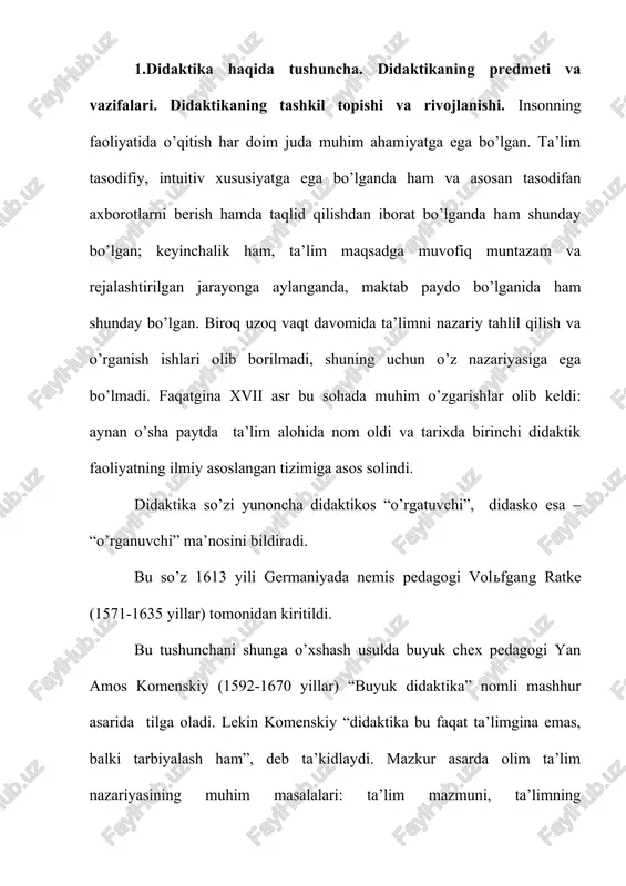 vchi pedagogika sohasi sifatida tushuniladi. umumiy didaktikadan tashqari xususiy didaktikalar yoki alohida fanlar bo’yicha ta’lim metodikasi deb ataluvchi didaktikalar ham mavjud. ularning mazmuni ta’limning ma’lum bosqichlarida u yoki bu fanlarni o’rganish va ta’lim berishning nazariy asoslarini belgilaydi. didaktika – bu pedagogik fan bo’lib, u ta’limning nazariy jihatlarini o’rganadi. har bir o’qituvchi didaktika asoslarini bilishi zarur. didaktika predmetini aniqlash bo’yicha turli qarashlar ilgari surilgan. qarashlarning turlicha bo’lishi didaktikaning metodologik kategoriyalarini aniq ajratilmaganligi bilan bog’liq. ko’pchilik olimlar ta’lim ob’ekt deb o’qitish jarayonining maqsadi, mazmuni, qonuniyatlari, metodlari va tamoyillarini ko’rsatadilar. didaktika ta’limni ijtimoiy tajribani berish vositasi sifatida e’tirof etadi. ta’lim yordamida yoshlarni hayotga tayyorlash amalga oshiriladi. ta’limiy faoliyatini tashkil etishda o’qituvchi - o’quvchi, o’quvchi – o’quv materiali, o’quvchi - boshqa o’quvchilar o’rtasidagi munosabatlar yuzaga keladi. pedagogik adabiyotlarda ulardan qaysi biri didaktika uchun asosiy hisoblanishi kerakligi borasida ham turli fikrlar keltiriladi hamda o’quvchining o’quv materialiga bo’lgan munosabati, ya’ni, bilimlarni o’rganish munosabatini asosiy deb e’tirof …