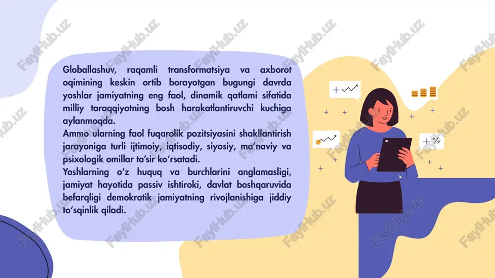 tanqidiy tahlilsiz qabul qilish. • ommaviy madaniyat, internet va blogerlik muhitida “iste’molchi dunyoqarash”ning kuchayishi. • oila va maktabda vatanparvarlik, fuqarolik mas’uliyati ruhidagi tarbiyaning sustligi. iqtisodiy omillar • ishsizlik, kambag‘allik, bandlik imkoniyatlarining yetishmasligi yoshlarning jamiyatga bo‘lgan ishonchini pasaytiradi. • yoshlar o‘z hayotiy ehtiyojlarini qondirish uchun moddiy manfaatni ustuvor qo‘yadi, bu esa fuqarolik faolligini so‘ndiradi. ta’lim va huquqiy savodxonlik darajasi • maktab va oliy ta’lim tizimida huquqiy madaniyat va fuqarolik ta’limi yetarli darajada tizimli yo‘lga qo‘yilmagan. • ko‘plab yoshlar o‘zbekiston respublikasining konstitutsiyasi, “yoshlar siyosati to‘g‘risida”gi qonun, fuqarolik huquqlari to‘g‘risidagi normativ hujjatlar bilan tanish emas. axborot-virtual muhit omillari • ijtimoiy tarmoqlarda noto‘g‘ri, manipulyativ axborotlar yoshlarning siyosiy fikrlashiga salbiy ta’sir qiladi. • “virtual fuqarolik” — ya’ni onlayn faollikni real hayotdagi fuqarolik ishtirok bilan almashtira olmaslik holatlari kuchaymoqda. • yoshlar orasida “samarasiz onlayn faollik” (faqat repost, like, komment orqali ishtirok) real ijtimoiy o‘zgarishlarni cheklaydi. yoshlarning huquqiy ongini va fuqarolik mas’uliyatini oshirish yo‘llari ta’lim tizimi orqali …