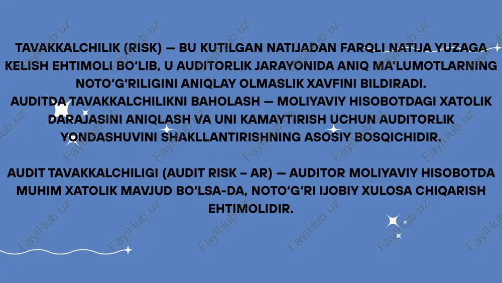 (risk assessment) – korxona duch keladigan xavflarni aniqlash va tahlil qilish. axborot va kommunikatsiya tizimi – axborot oqimi va hisobotning aniqligi. monitoring – nazorat tizimi samaradorligini doimiy kuzatish. tavakkalchilik va ichki nazoratning o‘zaro bog‘liqligi ichki nazorat tizimi qanchalik kuchli bo‘lsa, nazorat tavakkalchiligi (cr) shunchalik past bo‘ladi, bu esa auditorlik ishining hajmini kamaytiradi. aksincha, nazorat tizimi zaif bo‘lsa, auditor qo‘shimcha tekshiruvlar o‘tkazadi. audit tavakkalchiligining umumiy tuzilmasi audit jarayonida yuzaga keladigan tavakkalchiliklar moliyaviy hisobotlardagi xatoliklarni aniqlamaslik bilan bog‘liq bo‘lib, ular uchta asosiy turga bo‘linadi: ar = ir × cr × dr bu model audit xalqaro standarti (isa) 400 asosida auditorlik rejalashtirish va tekshirish sifatini belgilovchi asosiy formuladir. nazorat muhiti (rahbariyat nazorati darajasi) baholash mezonlari (isa 400) nazorat faoliyatlari (tasdiqlar, qayta tekshiruvlar) axborot tizimining ishonchliligi monitoring mexanizmlarining mavjudligi. ichki (inherent) tavakkalchilik – ir bu xo‘jalik yurituvchi subyekt faoliyatining o‘ziga xos tabiati, soha xususiyati yoki iqtisodiy omillar tufayli yuzaga keladigan xavfdir. misollar: • yuqori …