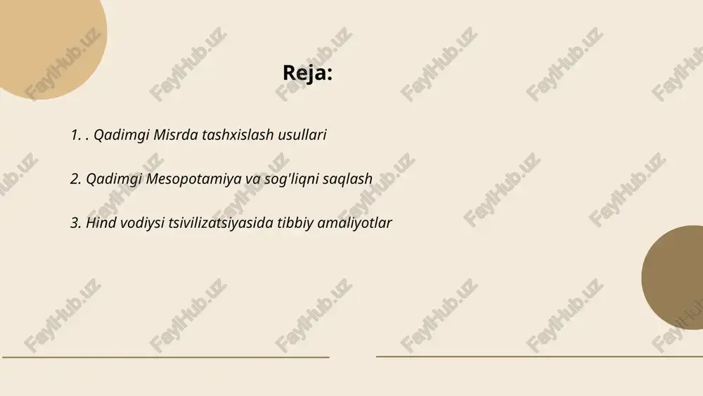 madaniyatlarga ham ta'sir o'tkazgan. ... t.me/slaydai_bot hind vodiysi tsivilizatsiyasida tibbiyot amaliyotlari miloddan avvalgi 2500-1900-yillarda rivojlandi. ushbu davrda turli tibbiy amaliyotlar qo'llanilgan bo'lib, asosan o'simliklardan tayyorlangan dorilar ishlatilgan. mohenjo-daro va harappa xarobalarida topilgan qurollar va asboblar tibbiy jarayonlar o'tkazilganidan darak beradi. tish kasalliklarini davolash uchun murakkab usullar qo'llanilganini topilgan inson qoldiqlari tasdiqlaydi. arxeologlar tomonidan topilgan sopol lavhalarda tibbiy jarayonlar tasvirlangan. hind vodiysi tsivilizatsiyasi davridagi anatomiya va jarrohlik texnikasi zamonasiga nisbatan rivojlangan edi. shu davrda o'simliklar, yog'lar va massaj usullari tez-tez ishlatilgan. shuningdek, kasalliklarni aniqlash va davolashda ilg'or usullar qo'llanilganligi qayd etiladi. bu ma'lumotlar ushbu davrdagi tibbiyot rivoji haqida tasavvur beradi. ... t.me/slaydai_bot 4. qadimgi xitoyda an'anaviy tibbiyot va tashxis qadimgi xitoyda an'anaviy tibbiyot juda rivojlangan bo'lib, uning asosi miloddan avvalgi 3000-yillarga borib taqaladi. tashxis qo'yishda shifokorlar beshta muhim omilga e'tibor berishgan: tomir urishi, ko'rinish, eshitish va hid bilish, savollar berish va teginish. omillar ichida tomir urishining tekshirishiga katta ahamiyat berilgan, taxminan …