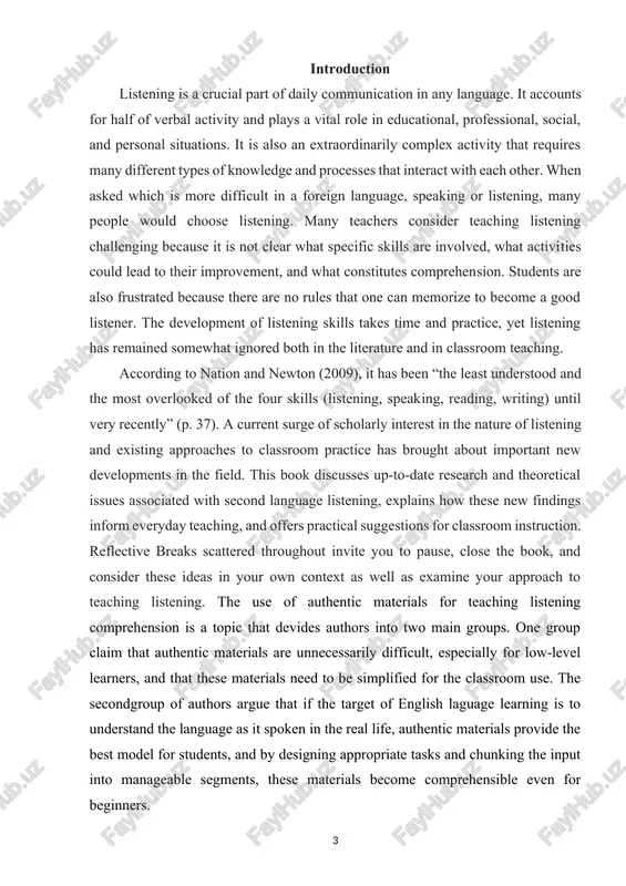 ons for classroom instruction. reflective breaks scattered throughout invite you to pause, close the book, and consider these ideas in your own context as well as examine your approach to teaching listening. the use of authentic materials for teaching listening comprehension is a topic that devides authors into two main groups. one group claim that authentic materials are unnecessarily difficult, especially for low-level learners, and that these materials need to be simplified for the classroom use. the secondgroup of authors argue that if the target of english laguage learning is to understand the language as it spoken in the real life, authentic materials provide the best model for students, and by designing appropriate tasks and chunking the input into manageable segments, these materials become comprehensible even for beginners. chapter 1. communicative language teaching. 1.1.what do teachers know about listening? if your definition of listening refers to such concepts as interpretation, …