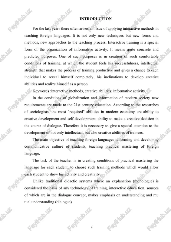 each student, to choose such training methods which would allow each student to show his activity and creativity. unlike traditional didactic systems where an explanation (monologue) is considered the basis of any technology of training, interactive educa tion, sources of which are in the dialogue concept, makes emphasis on understanding and mu tual understanding (dialogue). chapter 1. introduction to interactive methods 1.1. creative abilities, informative activity. in the course of interactive training students interact or are in the mode of conversation, dialogue with some- one, that focuses the person on development of his/her intellectual and creative abilities, further elf-development and self-education, aims at the activity stimulating "invention" and “discovery”. it is considered that communication in the course of training foreign language can be "unilateral" and "multilateral". in the first case it is the organization of educational process at which “the teacher asks, i.e. induces the student to speech activity - …