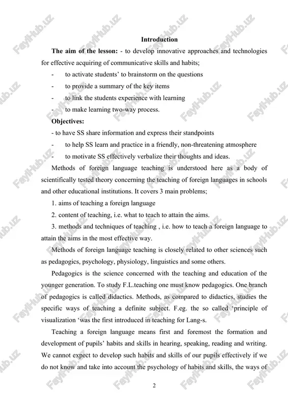 the specific ways of teaching a definite subject. f.eg. the so called ‘principle of visualization ‘was the first introduced in teaching for lang-s. teaching a foreign language means first and foremost the formation and development of pupils’ habits and skills in hearing, speaking, reading and writing. we cannot expect to develop such habits and skills of our pupils effectively if we do not know and take into account the psychology of habits and skills, the ways of forming them, the influence of formerly acquired habits on the formation of new ones and many other necessary factors that psychology can supply us with it. if the teacher wants his pupils to speak english he must use all the opportunities he has to make them hear and speak. furthermore, to muster a second language is to acquire another code, another way of receiving and transmitting information. to create this new code in …