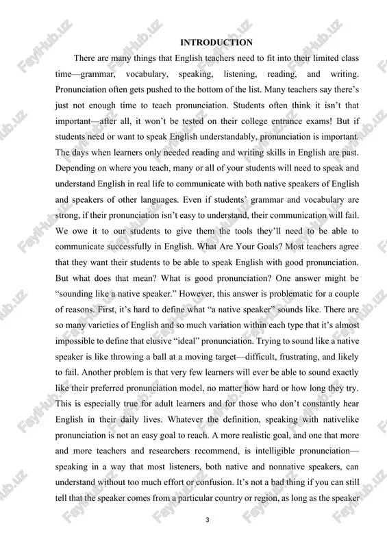 o much variation within each type that it’s almost impossible to define that elusive “ideal” pronunciation. trying to sound like a native speaker is like throwing a ball at a moving target—difficult, frustrating, and likely to fail. another problem is that very few learners will ever be able to sound exactly like their preferred pronunciation model, no matter how hard or how long they try. this is especially true for adult learners and for those who don’t constantly hear english in their daily lives. whatever the definition, speaking with nativelike pronunciation is not an easy goal to reach. a more realistic goal, and one that more and more teachers and researchers recommend, is intelligible pronunciation—speaking in a way that most listeners, both native and nonnative speakers, can understand without too much effort or confusion. it’s not a bad thing if you can still tell that the speaker comes from a …