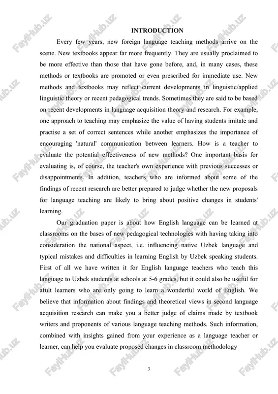.e. influencing native uzbek language and typical mistakes and difficulties in learning english by uzbek speaking students. first of all we have written it for english language teachers who teach this language to uzbek students at schools at 5-6 grades, but it could also be useful for afult learners who are only going to learn a wonderful world of english. we believe that information about findings and theoretical views in second language acquisition research can make you a better judge of claims made by textbook writers and proponents of various language teaching methods. such information, combined with insights gained from your experience as a language teacher or learner, can help you evaluate proposed changes in classroom methodology chapter 1. ways of teaching foreign languages 1.1.five principles for classroom teaching the teaching methodologies in classrooms a and b differ because they reflect opposing theoretical views concerning the most effective way to …