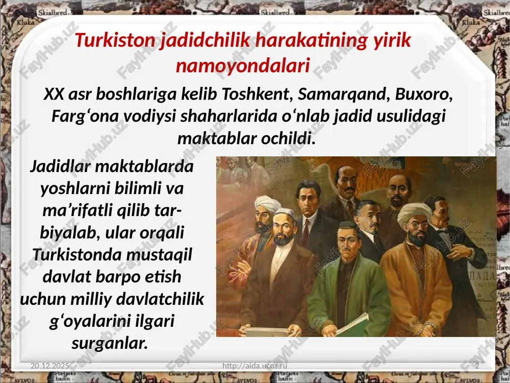 ingan. 18.05.2022 http://aida.ucoz.ru 6 munavvarqori abdurashidxonov (1878–1931) – turkiston o‘lkasida ozodlik, millat kelajagi uchun kurashgan ma’rifatparvar siyosiy arbob, jadidchi-lik harakatining yirik namoyan dalaridan biri. 18.05.2022 http://aida.ucoz.ru 7 munavvarqori abdurashidxonov 1904-yildan boshlab o‘lkadagi ijtimoiy-siyosiy, ma’rifiy harakatlarning faol ishtirokchisi. u jadid maktablari ochilishining tashabbuskori va amaliyotchisi, milliy gazeta va jurnallar asoschisi, muharriri hamda jadid teatri targ‘ibotchisi bo‘lgan. 18.05.2022 http://aida.ucoz.ru 8 jadid teatri dastlabki paytlarda madaniy-ma’rifiy, keyinchalik siyosiy-ijtimoiy xususiyat kasb etgan islohotchilik harakati faol ishtirokchilaridan biri abdulla avloniy 1878-yil toshkent shahrida hunarmandlar oilasida tug‘ildi. 18.05.2022 http://aida.ucoz.ru 9 abdulla avloniy o‘lkada ta’lim, matbuot, teatr sohalarining rivojlanishiga katta hissa qo‘shib, 1907-yil «shuhrat» gaze-tasiga asos soldi. o‘zi tashkil qilgan yangi usul maktabi uchun «birinchi muallim», «ikkinchi muallim», «turkiy guliston yoxud axloq» kabi darsliklarni yaratdi. 18.05.2022 http://aida.ucoz.ru 10 behbudiy, munavvarqori, abdulla avloniy kabi boshqa milliy taraqqiyparvarlar ham ma’rifatparvarlik faoliyatini olib borib, yangi maktablar, xayriya jamiyatlari, kutubxona va kitob do‘konlari ochdilar. 18.05.2022 http://aida.ucoz.ru 11 turkiston jadidchilik harakatining namoyandalari …