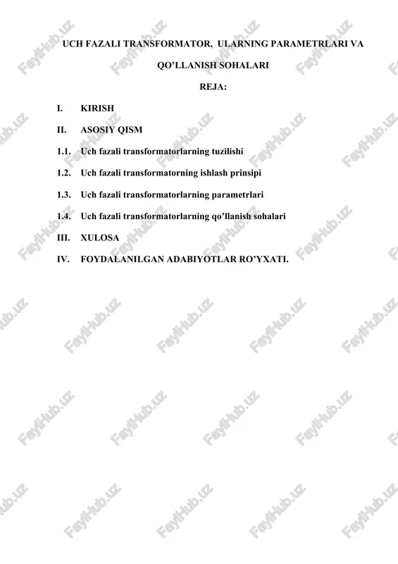 rishi mumkin. elektr energiyadan foydalanadigan joylarda transformatorlar yordamida kuchlanishlarni 220 va 380 v ga aylantiriladi. transformatorlar hamma sohalarda ishlatiladi. ularning juda ko‘p turlari bor. transformator po‘lat induktiv o‘tkazgich, ikki yoki bir necha o‘zaro induktiv aloqada bo‘lgan o‘ramlardan iborat. magnit o‘tkazuvchi po‘lat o‘ramlar orasidagi elektromagnit aloqani kuchaytirish uchun kerak. transformator bir va uch fazali bo‘ladi. 1.51-rasmda uch fazali transformatorning magnit o‘tkazuvchisi ko‘rsatilgan. bunda temir yupqa plastinka tayoqchalar (1), ularga yuqorida (2) va pastda (3) o‘ramlar joylashtirilgan. girdob toklariga elektr energiyaning ko‘p sarf bo‘lmasligi uchun magnit o‘tkazgichlar qalinligi 0,35 dan 0,5 mm gacha bo‘lgan elektrotexnikada ishlatiladigan temir tunukalardan tayyorlanadi. tunukalarni bir-biridan lok, yupqa qog‘oz yoki metall zaki (okalina) bilan izolatsiyalanadi. transformatorlar ikki turga bo‘linadi: 1) yupqa plastinkalardan iborat tayoqchali; 2) bronli. yupqa plastinkali temir tunukalardan yasalgan tayoqchalarga izolatsiyali sim o‘ramlar kiydiriladi. bronli transformatorlarda o‘ramlarning bir qismini magnit o‘tkazgich o‘rab olgan. transformator magnit o‘tkazgichning gorizontal qismidagi o‘ramlarni qurshab turgan qism yuqori va pastki …