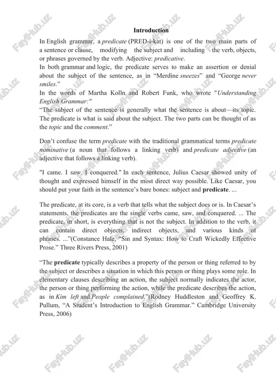 hing plays some role. in elementary clauses describing an action, the subject normally indicates the actor, the person or thing performing the action, while the predicate describes the action, as in kim left and people complained.”(rodney huddleston and geoffrey k. pullum, “a student’s introduction to english grammar.” cambridge university press, 2006) chapter i. there are two essential building blocks in every sentence 1.1. what are the different types of predicates there are two essential building blocks in every sentence: the subject and the predicate. while the subject of the sentence is responsible for containing “who” or “what” is performing the action or experiencing a particular state in the sentence, the predicate is responsible for describing the action performed or state experienced by the subject. when joined together, subjects and predicates create a complete thought. when you’re ready, test yourself with a quiz and practice with our high-quality, standards-aligned questions here. …