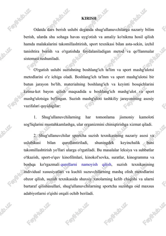 rilgandan keyin shug'ullanuvchilarning u yoki bu suzish turiga moyilligi aniqlanadi. shug'ullanuvchilarga tanlangan sportcha suzish turi bo'yicha mahoratlarini oshirishlari uchun kerakli sharoit yaratib beriladi. bu vazifalarning hal etilishi sog'liqni mustahkamlash va organizmni chiniqtirish, har tomonlama jismoniy rivojlanish va umumiy ish qobiliyatini yaxshilash, sportcha suzish texnikasi asoslari bilan to'g'ri tanishish, shug'ullanuvchilarda axloq va iroda xususiyatlarini tarbiyalashga yordam beradi. sportda yuqori natijalarga erishish maqsadida tanlangan suzish turi bo'yicha sport mahorati muntazam oshirib boriladi. bu masalalar rejali, ko'p yillik mashg'ulotlar asosida umumiy va jismoniy tayyorgarlik saviyasini oshirish yo'li bilan hozirgi zamon sport texnikasi va taktikasining ilg'or yutuqlarini qo'llash, suzuvchilarda axloqiy va irodalilik xususiyatlarini tarbiyalash orqali hal etiladi. suzishga o'rgatishning boshlang'ich uslubiyasi jismoniy tarbiyaning umumiy vazifalariga bo'ysundirilgan bo'lib, u dialektik materializm, sovet pedagogikasi didaktik prinsiplari va harakatning ko'nikma hamda malakalarini takomillashtirish asosida qo'llaniladi. butun jarayon-suzishga o'rgatish va uni mukammal bilish jismoniy tarbiyaning asosiy maqsadi har tomonlama kamolotga erishgan, sog'lom, jasur, ahloqan pok kommunizmning aktiv quruvchilarini, …
