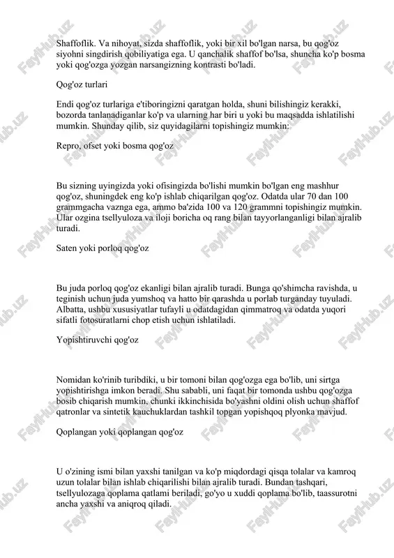 ozning yana bir xususiyatlaridan biri bu uning pürüzlülüğü, ya'ni silliq bo'lsa yoki yozish yoki bosib chiqarish uslubiga ta'sir qiladigan chizilgan bo'lsa. shaffoflik. va nihoyat, sizda shaffoflik, yoki bir xil bo'lgan narsa, bu qog'oz siyohni singdirish qobiliyatiga ega. u qanchalik shaffof bo'lsa, shuncha ko'p bosma yoki qog'ozga yozgan narsangizning kontrasti bo'ladi. qog'oz turlari endi qog'oz turlariga e'tiboringizni qaratgan holda, shuni bilishingiz kerakki, bozorda tanlanadiganlar ko'p va ularning har biri u yoki bu maqsadda ishlatilishi mumkin. shunday qilib, siz quyidagilarni topishingiz mumkin: repro, ofset yoki bosma qog'oz bu sizning uyingizda yoki ofisingizda bo'lishi mumkin bo'lgan eng mashhur qog'oz, shuningdek eng ko'p ishlab chiqarilgan qog'oz. odatda ular 70 dan 100 grammgacha vaznga ega, ammo ba'zida 100 va 120 grammni topishingiz mumkin. ular ozgina tsellyuloza va iloji boricha oq rang bilan tayyorlanganligi bilan ajralib turadi. saten yoki porloq qog'oz bu juda porloq qog'oz ekanligi bilan ajralib turadi. bunga qo'shimcha ravishda, u teginish uchun juda …