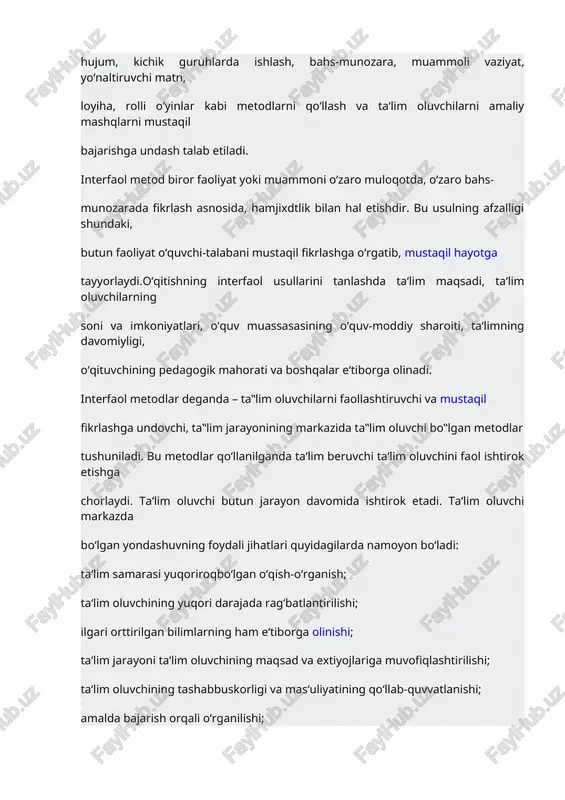 chining pedagogik mahorati va boshqalar e‘tiborga olinadi. interfaol metodlar deganda – ta‟lim oluvchilarni faollashtiruvchi va mustaqil fikrlashga undovchi, ta‟lim jarayonining markazida ta‟lim oluvchi bo‟lgan metodlar tushuniladi. bu metodlar qo‘llanilganda ta‘lim beruvchi ta‘lim oluvchini faol ishtirok etishga chorlaydi. ta‘lim oluvchi butun jarayon davomida ishtirok etadi. ta‘lim oluvchi markazda bo‘lgan yondashuvning foydali jihatlari quyidagilarda namoyon bo‘ladi: ta‘lim samarasi yuqoriroqbo‘lgan o‘qish-o‘rganish; ta‘lim oluvchining yuqori darajada rag‘batlantirilishi; ilgari orttirilgan bilimlarning ham e‘tiborga olinishi; ta‘lim jarayoni ta‘lim oluvchining maqsad va extiyojlariga muvofiqlashtirilishi; ta‘lim oluvchining tashabbuskorligi va mas‘uliyatining qo‘llab-quvvatlanishi; amalda bajarish orqali o‘rganilishi; ikki taraflama fikr-mulohazalarga sharoit yaratilishi. shunday qilib, fanlarni o‘qitish jarayonida interfaol metodlardan foydalanish o‘ziga xos xususiyatga ega. ta‘lim amaliyotida foydalanilayotgan har bir interfaol metodni sinchiklab o‘rganish va amalda qo‘llash o‘quvchi-talabalarning fikrlashini kengaytiradi hamda muammoning to‘g‘ri echimini topishlariga ijobiy ta‘sir ko‘rsatadi. o‘quvchi-talabalarning ijodkorligini va faolligini oshiradi. turli xil nazariy va amaliy muammolar interfaol metodlar orqali tahlil etilganda o‘quvchi-talabalarning bilim, ko‘nikma, malakalari kengayishi va chuqurlashishiga …