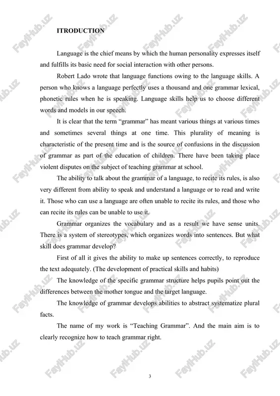 ext adequately. (the development of practical skills and habits) the knowledge of the specific grammar structure helps pupils point out the differences between the mother tongue and the target language. the knowledge of grammar develops abilities to abstract systematize plural facts. the name of my work is “teaching grammar”. and the main aim is to clearly recognize how to teach grammar right. part 1 what is the grammar 1.1 the importance of grammar in learning a foreign language to judge by the way some people speak, there is no place for grammar in the language course nowadays; yet it is, in reality, as important as it ever was exercise of correct grammar, if he is to attain any skill of effective use of the language, but he need not know consciously formulated rules to account to him for that he does unconsciously correctly. in order to understand a language and …