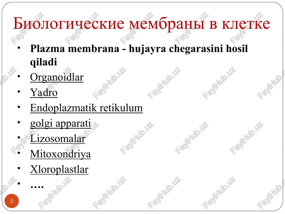 ktricheskiy kondensator tolshina nepolyarnoy chasti * 1935 yil davison va danielli – biologic membranada "sendvich" modeli rentgen nurlari difraksion tahlili – biologik membranada lipid molekulalarining joylashishidagi tartiblilik elektron mikroskopiya - globulyar zarralar biologik membranaga kiritilgan * 1959 yil j.d. robertson barcha hujayra membranalari bir xil printsip bo'yicha qurilganligini taklif qildi va unitar (yoki bir xil membrana) tushunchasini taklif qildi. bu model ko'p jihatdan g.danielining klassik modeliga o'xshaydi: membrana lipid ikki qavatiga asoslangan, va lipid bo'lmagan komponentlar yuzasida yotish lipidlar bilan bog'lanish elektrostatik hisob va hidrofobik o'zaro ta'sirlar viy. uning modelida men topdim aks ettirish muhim strukturaviy xususiyat - assimetriya. * 1972 yil - singer va nikolson - bm ning suyuq mozaik modeli: bm - bu erkin tarqaladigan oqsillar botiriladigan suyuq fosfolipid qatlami. * singer va nikolsonning modeliga ko'ra, membrana lipid ikki qavatidan iborat bo'lib, unda oqsil molekulalari suzadi (yoki mahkamlanadi), unda o'ziga xos mozaika hosil qiladi. membran oqsillari ikki qavat …