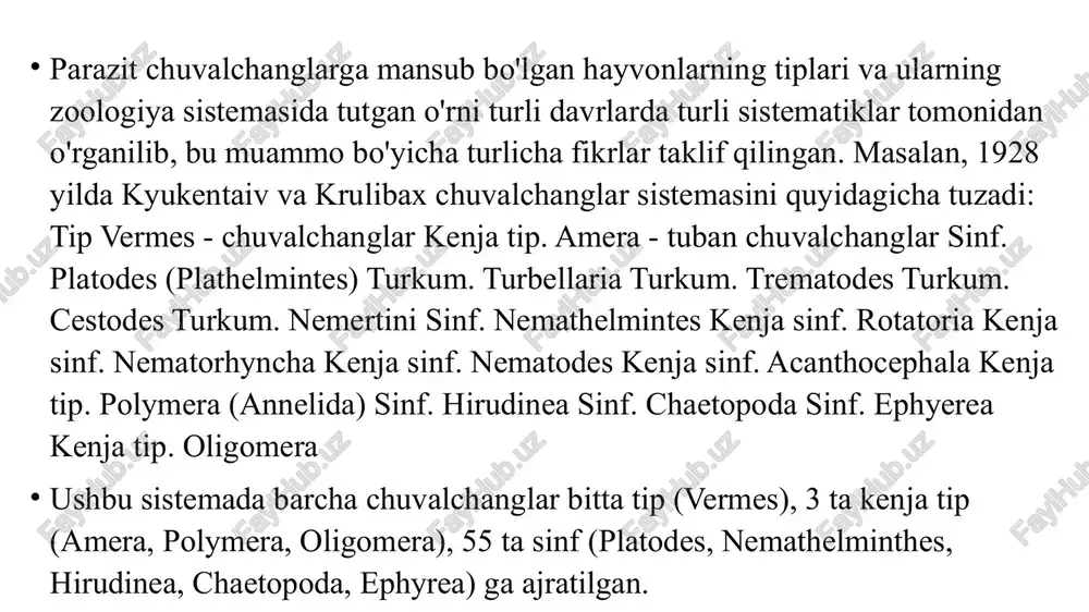 a parazitlik qiladi. so'rg'ichlilar so'rg'ichlilar sinfiga 400 dan ortiq tur kiradi. hamma vakillari umurtqali va umurtqasiz hayvonlarning ichki organlarida parazit yashaydi. so'rg'ichlilarning patogen ahamiyati. ko'pchilik so'rg'ichlilar odam va hayvonlarda parazitlik qiladi. ular ora¬sida jigar qurti (fasciola hepatica) katta xo'jalik ahamiyatiga ega. bu qurtning voyaga etgan davrida uzunligi 3— 5 sm bo'lib, deyarli barcha sutemizuvchilar, shu jumladan odam jigari va o't yo'llarida parazitlik qiladi. para¬zit ta'sirida mollar jigarining o't yo'llari bekilib qoladi yoki o't suyukdigining o'tishi qiyinlashib qoladi. ayrim yillari chorva mollari (qo'ylar)ning zararlanishi epizootiya tusini olgan. sutemizuvchi hayvonlar jigarida lantsetsimon so'rg'ich-li dicrocoelum lanceatum ham parazitlik qiladi. bu pa¬razitning uzunligi 0,5—1,2 sm, birinchi oraliq xo'jayini kuruqlikda yashovchi qorinoyokdi mollyuskalar, ikkinchi oraliq xo'jayini chumolilar bo'ladi. chumolilar mollyus¬kalar ajratib chiqaradigan tserkariyli qopchalarni, su¬temizuvchi hayvonlar esa o't bilan birga chumolilarni eb zararlanadi. monogeniyalar monogeniyalar, ya'ni ko'p so'rg'ichlilar balikdar terisi va jabralarida yashaydigan ektoparazitlar. ba'zan ular suvda ham quruqdikda yashovchilar va sudralib yuruvchilar qovug'i va …