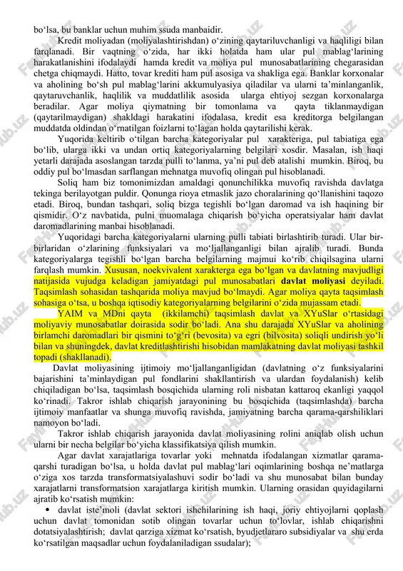 ho, shuningdek bojxonaviy tartibga solishda va bojxona daromadlarini undirishda davlat tomonidan foydalaniladi. masalan, ayrim mamlakatlarda bojxona bojlari ko‘plab tovar guruhlari bo‘yicha sotib olish olish bahosi bo‘yicha emas, balki haqiqatdagisidan keskin farq qiluvchi normativ baholar bo‘yicha undiriladi. shunga mos ravishda (boshqa sharoitlar teng bo‘lgan taqdirda) byudjetning daromadlari va mamlakat ichki bozoridagi baholar ortadi. moliya va kredit mustaqil iqtisodiy kategoriyalar sifatida bir-biri bilan uzviy bog‘liqdir. ular hamkorlikda kengaytirilgan asosda korxonalar pul fondlarining doiraviy aylanishiga xizmat qiladi. kredit bank tizimi va maxsus moliya-kredit institutlari tomonidan amalga oshiriladigan ssuda fondining harakatini ifodalaydi. bank krediti sifatida sof ko‘rinishda tushuniladigan kredit davlatga bevosita bog‘liq emas. takror ishlab chiqarish jarayonida uning roli etarli darajada aniqlangan - bu daromadlar va xarajatlar o‘rtasidagi vaqtinchalik uzilishni qoplash usuli, ishlab chiqarishni modernizatsiya qilishning ehtiyojlarini qoplash usuli va h.k. biroq, bir vaqtning o‘zida, kredit - byudjet defitsiti va byudjet-kassa uzilishini (navbatdagi daromadlar kelib tushgunga qadar byudjet xarajatlarini qoplash uchun bank xizmatlari zarur …