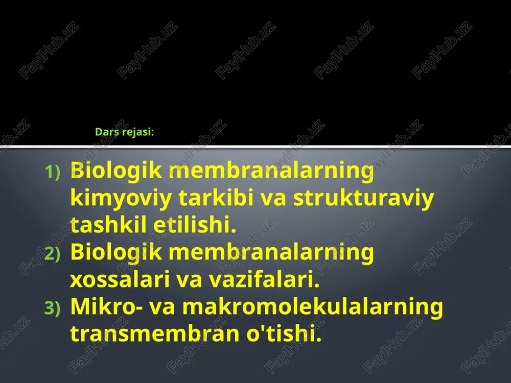 osil qilishi mumkin bo'lgan tuzilmalarni qayta qurish. lipid ikki qavatining asosiy xususiyatlari: suyuqlik, o'z-o'zini yopish qobiliyati, moslashuvchanlik, uzaytirilmasligi, yarim o'tkazuvchanlik. uch qavatli membrana modeli ("pirojnoe" yoki "sendvich" modeli) 1935 yil - hujayra membranasining tuzilishi haqidagi birinchi gipoteza taklif qilindi (j. danielli, x. davson), unga ko'ra lipid ikki qavati oqsilning ikki qatlami orasida joylashgan. elektron mikroskop (1950-1960) biologik membranalarning uch qavatli (trilaminar) tuzilishini tasdiqladi. biomembrananing strukturaviy tashkil etilishining laminar printsipi. biomembranalar muzlatish usuli - chipping: ob'ekt suyuq azot bilan tezda muzlatiladi, maxsus vakuum qurilmasida muzlatilgan narsa sovutilgan pichoq bilan mexanik ravishda maydalanadi; shu bilan birga, muzlatilgan hujayralarning ichki zonalari ochiladi ... muzlatish usuli - chipping: vakuumda shishasimon shaklga o'tgan suvning bir qismi sublimatsiya qilinadi ("etching") va parchalanish yuzasi navbat bilan bug'langan uglerodning yupqa qatlami, keyin esa metall bilan qoplanadi. shunday qilib, uning parchalanishining nusxasi ("nusxasi") muzlatilgan va uning intravital tuzilishini saqlab qolgan materialdan olinadi. ris. pigment hujayralaridan rivojlanadigan o'sma - melanomada …