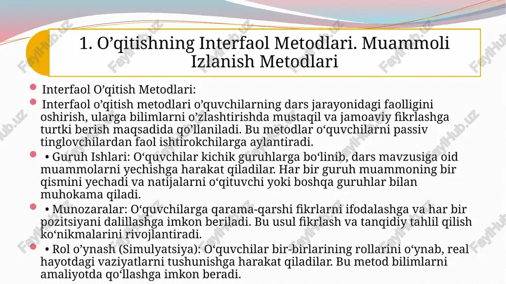 h uchun guruh sifatida ishlash, fikrlarni almashish va birgalikda echim topish. 2. o’qitishning mantiqiy metodlari. mustaqil ishlash metodlari mantiqiy o’qitish metodlari o’quvchilarga muayyan bilimlarni tizimli tarzda o’rgatishga yo’naltirilgan. bu metodlar orqali o’quvchilarga aniq fikr yuritish, tizimli va mantiqiy xulosalar chiqarish ko’nikmalari beriladi. • tahlil qilish: o‘quvchilar biror hodisani yoki ma’lumotni qismlarga ajratib, har bir qismni alohida tahlil qilishadi. bu metod o‘quvchilarning analitik fikrlashini rivojlantiradi. • sintez: o‘quvchilarga turli manbalardan olingan bilimlarni birlashtirib, umumiy xulosa chiqarish ko‘nikmasi o‘rgatiladi. • induktiv va deduktiv usullar: induktiv usulda o‘quvchilar konkret faktlar asosida umumiy qoidalar chiqaradilar, deduktiv usulda esa umumiy qonunlardan aniq holatlarni tushuntiradilar. mustaqil ishlash metodlari o‘quvchilarni o‘z-o‘zini o‘rganish, bilimni mustahkamlash va uni amaliyotda qo‘llashga yo‘naltirilgan. bu metodda o‘quvchilar o‘z vaqtlarini va resurslarini samarali ravishda boshqarishadi. • darsliklar va qo‘llanmalar bilan ishlash: o‘quvchilar individual ravishda darsliklar, kitoblar va qo‘llanmalardan foydalanib, o‘z bilimlarini mustahkamlashadi. • izlanish va tadqiqot ishlari: o‘quvchilarga muayyan mavzu bo‘yicha mustaqil izlanishlar …