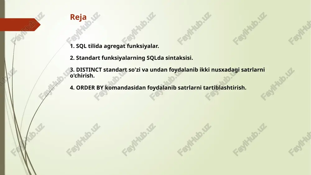 aydigan so'rov yozamiz: select sum(xaridoryoshi) as jamiyosh, websayt from xaridorlar where websayt = 'uzbekdevs.uz'; avg() funksiyasi sonli ustunning barcha qiymatlarining o'rtacha qiymatini hisoblab beradi. keling, yuqoridagi jadvaldan barcha xaridorlarning o'rtacha yoshini hisoblaymiz: select avg(xaridoryoshi) as ortachayosh from xaridorlar; 3.distinct standart so'zi va undan foydalanib ikki nusxadagi satrlarni o'chirish. masalan quyidagi so'rovlarda: kompaniyamizda qancha xar xil raportlar nomlari mavjud? select count(distinct title) from salesreps distinct va agregatlar ishlashda quyidagi qoidalar mavjud: 1) agar siz distinct va agregat funksiyani ishlatsangiz uning argumenti faqat ustun nomi bo'lishi mumkin, ifoda argument bo'lolmaydi. 2) min(), max() funksiyalarida distinct ishlatish ma'nosi yo'q! 3)count() funksiyasida distinct ishlatiladi, lekin kam xollarda. 4)count(*) funksiyasiga umuman distinct qo'llab bo'lmaydi, chunki u satrlar sonini xisoblaydi! 5)bita so'rovda distinct faqat bir marta qo'llanishi mumkin! agarda u agregat funksiya argumenti sifatida qo'llanilsa,boshqa argument bilan qo'llash mumkin emas! 4.order by komandasidan foydalanib satrlarni tartiblashtirish. order by kalit so'zi tanlab olingan ma'lumotlarni saralash uchun qo'llaniladi. …