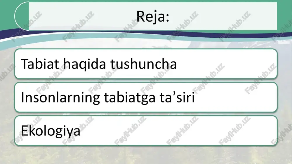 ing ilmiy oʻrganish obʼyektiga aylanishida katta rol oʻynadi. tabiat obʼyekti fazo va vaqtda mavjud modda, materiyadir. ular cheksiz maʼlum narsalarning (elementar zarralar, antizarralar, qum, tosh, tuproq, suv, havo, jonsiz va jonli mavjudot, planetalar, yulduzlar, galaktikalar va boshqa samoviy jismlar, fizik maydonlar) majmuidan iboratdir. bir vaqtlar (fanning soʻnggi maʼlumotlari boʻyicha bundan 20 milliard yil avval) bu jismlar boshqa koʻrinishda boʻlgan. boʻlajak milliard yillarda u yana oʻzgarib boradi. tabiat odamning, jamiyatning vatani. odamning hayoti tabiatning, biosferaning uygʻun sharoitiga bogʻliq. bu sharoit salbiy tomonga oʻzgartirilsa, odamning normal yashashiga putur yetkaziladi, ekologik muammolar paydo boʻladi. ilmiy-texnika yutuqlaridan notoʻgʻri foydalanish — biosferaning buzilishiga olib keladi. binobarin tabiatni puxta bilib, undan samarali foydalanish, unga toʻgʻri va oqilona munosabatda boʻlish lozim insonning tabiatga bunday munosabatda boʻlishida fan asosiy omil boʻlib kelmoqda. yer va koinotda insonning faoliyati faollashmoqda. koinotning uzoquzoq joylari (mas., metagalaktikalari)da, t yuz berayotgan hodisalarni kengroq va chuqurroq bilish tabiat haqidagi tasavvurlarni kengaytiradi ekologiya (qadimgi yunoncha: …