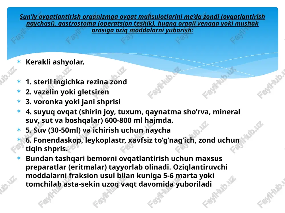 a 30-40 ml havo yuboring. ma’lum tovushlar eshitish orqali zondning me’dada joylahganligiga ishnch hosil qiling. 4. zondni qisqich bilan qising, bo’sh uchini lotokka joylashtiring. 5. jani shprisiga suyuq ovqat torting va shprisni me’da zondi bilan birlashtiring. chap qo’lingiz bilan shprisni ushlang, zonddan qisqichni yeching. 6. shprisning muvozanatini o’zgartirib uchun zondga kiriting. 7. shprisning zondga birlashtirilgan joyini chap qo’lingiz bilan ushlab turing, o’ng qo’lingiz orqali asta-ekinlik bilan ovqatni yuboring. 8. bemorni ovqatlantirib bo’lgandan so’g, zondni suv bilan boshqa shpris orqali yuving va shprisni ajrating. keyingi ovqatlantirishdan oldin zond o’z o’rnida joylashtirilganligiga ishonch hosil qilish kerak. buning uchun yana zond orqali havo yuborib fonendaskop orqali eshitiladi bemorni jani shprisi yordamida zond orqali ovqatlantirish bemorlarni ovqatlantirish ovqatning tarkibi va energetik qiymati. 1. passient bilan muloqotning qanday turlari bor? 2. verbal muloqotning ta‘rifi va elementlari. 3. pasient muammosini aniqlashda verbal muloqotning axamiyati. 4. verbal muloqot elementlari. 5. verbal muloqot kommunikassion to‘siqlari. 6. noverbal muloqot …