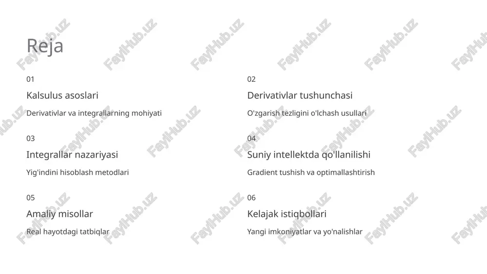 fundamental teoremasini tashkil etadi. egri ostidagi maydon integral hisoblash geometrik ma'noda funksiya grafigi va x o'qi orasidagi maydonni topishni anglatadi. bu usul ko'plab amaliy masalalarni yechishda muhim vosita bo'lib xizmat qiladi. kalsulus va suniy intelekt: qanday bog'liq? zamonaviy suniy intellekt tizimlari kalsulusning chuqur tushunchalari ustiga qurilgan. neyron tarmoqlar, mashinani o'rgatish algoritmlari va optimallashtirish jarayonlari derivativlar va integrallardan keng foydalanadi. gradientlar va optimizatsiya neyron tarmoqlarda vaznlarni yangilash uchun gradient (ko'p o'lchamli derivativ) tushunchasi asosiy rol o'ynaydi. bu orqali xatoliklar minimallashtiriladi. orqaga tarqatish algoritmi backpropagation — derivativlardan foydalangan holda tarmoq xatoliklarini orqaga qarab hisoblash va vaznlarni moslash usuli. yo'qotish funksiyasi modelning xatoligini o'lchovchi funksiya. derivativlar yordamida bu funksiyaning minimumini topish — mashinani o'rgatishning maqsadi. "suniy intellekt — bu asosan optimallashtirish muammosi, va optimallashtirish — bu kalsulus." gradient tushunchasi va orqaga tarqatish algoritmi gradient — ko'p o'lchamli fazoda funksiyaning eng tez o'sish yo'nalishini ko'rsatuvchi vektor. u barcha qisman derivativlardan tuzilgan: oldinga o'tish (forward …