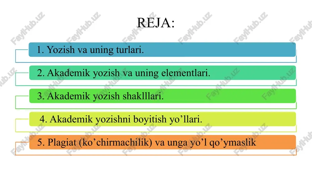 a tushunchalar yoki dalillarni mustahkamlash yoki e’tiroz bildirish uchun mo’ljallanadi. akademik yozuv, tushuncha sifatida, ingliz tilidagi adabiyotlarda ko’proq qo’llaniladi, o’zbek tilida odatda matnning “ilmiy uslubi“ tushunchasi qo’llaniladi. matn qismlari bilan ishlash bo’yicha asosiy ko’nikmalar kichik hajmdagi matinlarni yozish va izohlash maqolani yozma tayyorlangan matnini sifatli bo‘lishi (natijada uni istalgan xalqaro jurnallarda chop etishga ruxsat berish mumkin bo‘ladi) tinglovchilarga taqdim etilgan ma’lumotlarni yetkazish, shu jumladan auditoriya bilan o’zaro munosabatlarni (savollarga javoblar, yozishmalar, munozaralar) yo‘lga qo‘yish akademik yozuv nimani o’rgatadi? talabalarda tezis, maqola, esse, izoh, adabiyotga oid sharhlar kabi o’quv matnlarini yozish ko’nikmalarini, hisobot va taqdimotlarni yaratish va tahrirlash, bibliografik tavsiflarni to’g’ri tuzish ko’nikmalarini shakllantirishga bag’ishlangan. akademik yozuv qachon paydo bo’lgan? zamonaviy akademik yozuvni fan sifatida paydo bo‘lishi 1930-yillarga borib taqaladi. akademik yozuv – bu qisqa va ishonchli ilmiy matn yordamida o’z fikrini bayon qilish hamda asoslay olish qobiliyati. bu oliy ta’limda muvaffaqiyatli bilim berishning hamda keyingi ilmiy-tadqiqot faoliyati, shuningdek xalqaro miqyosda …