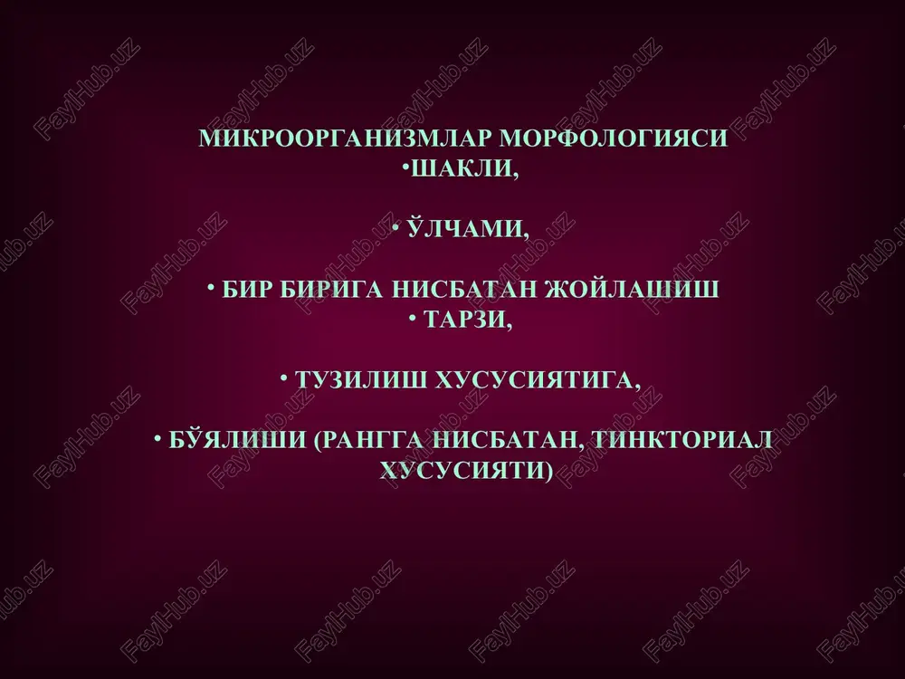 lar – oziqlanish shakliga bog'liq holda tayoqchasimon, kokksimon yoki kuchsiz o'ralgan shaklli bo'lishi mumkin. o'ralgan (ip) shaklli bakteriyalar ipsimon bakteriyalar bakterial hujayralarning noodatiy shakllari bakteriyalarga xos bo'lgan kimyoviy moddalar n-atsetilmuram kislotasi, d-aminokislotlar, jumladan, aminokislotlardan: oksilizin, lantaonin, --diamino-pimelin kislota, teyxoevie kisloti, ba'zi bir polisaxaridlar; erkin yog'lar. boshqa organizmlardan farqli ravishda bakterial hujayralarda (mikoplazmalarni inobatga olmaganda ) sterioidlar mavjud bo'lmaydi. letsitin, neytral yog'lar, mochevina, glikogen, xitin. prokariot hujayra tuzilishi kapsula hujayra devori old plazmatik maydon tsito- plazmatik membrana nukleoid plazmida ribosoma mezosoma fimbriya xivchin ajralmalar tsitoplazma majburiy tuzilish qo'shimcha tuzilish kapsula – bakterial tuzilishda ujayra devorining yuzasida joylashgan bo'lib, uchga bo'linadi: makrokapsula mikrokapsula psevdokapsula klebsiellalar makrokapsulasi, gins-burr bo'yog'ida bo'yalgan kapsula − bakteriya xujayrasi uchun shart bo'lgan qism emas. faqatgina u himoya vazifasini bajarib, bakteriyani mexanik ta'sirlardan va qurib qolishdan saqlab turadi. kapsula xujayrani qalin yoki yupqa parda bilan o'rab olishi mumkin. bakterial kapsula - funktsiyasi fagotsitozdan himoyalanish (patogen bakteriyalarga xos); patogen va …