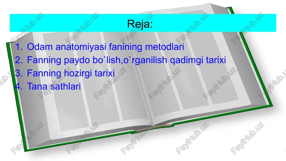 reparatlar tayyorlanadi. 2. inyeksiya usuli—ichi kovak a ’zolar va qon tomirlariga turli xil rangli moddalar yuborib to'ldirib o'rganish usuli. 3. palpatsiya—tirik odamda a’zo va to'qimalami paypaslab ko‘rib o‘rganish usuli. 4. perkussiya—a’zo va to'qimalami barmoq yoki bolg'acha bilan urib ko‘rib aniqlash. bu ikki usul poliklinika va kasalxonalarda keng qo'llanilib, undan a ’zolarning chegaralarini aniqlashda foydalaniladi. 5. auskultatsiya usuli — maxsus eshitish asboblari yordamida a’zolar (yurak, o ‘pka) ning ishlab turgandagi tovushi eshitib ko‘riladi. bu usul a’zolarning normal yoki kasallik holatini aniqlashda yaxshi yordam beradi. 6. antropometriya usuli — bunda gavdaning uzunligi, kengligi va og'irligi o‘lchanib, olingan m a’lumotlar oiganizmning ayrim bo‘laklariga taqqoslanib, ulaming oshishi yoki o'zgarganligi kuzatib boriladi. 7. rentgenoskopiya va rentgenografiya usullari — bunda rentgen nuri yordamida a’zo va to‘qimalaming holati ko'riladi yoki tasvirga olib o'iganiladi. 8. korroziya yoki yemirish usuli — a ’zolar tez qotadigan moddalar bilan to'ldirilib, to‘qimasi kuchli kislota ta’sirida yemiriladi va a’zolarning shakli o‘rganiladi. pifagor (eramizdan …