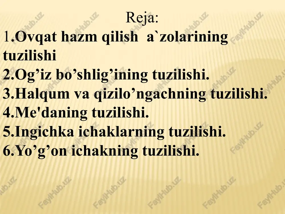niy bo‘lib, uning tarkibiga epiteliy hujayralari, shilliq, o‘t, hamda homila yotgan amnion suyuqligi tarkibidagi moddalar bo‘ladi. homila davrining so‘ngida hazm tizimi yangi tug‘ilgan bolaning hayotiy vazifalarini bajarish qobiliyatiga ega bo‘ladi. ovqat hazm qilish kanali pushtda birlamchi ichak nayi shaklida bo‘lib, homilada u og‘iz bo‘shlig‘i, halqum, qizilo‘ngach, me’da va ichaklarga bo‘linadi. hazm tizimi homila hayotining 4-oyidan faoliyat ko‘rsata boshlaydi. bu davrda homila ichagida bargrang mekoniy bo‘lib, uning tarkibiga epiteliy hujayralari, shilliq, o‘t, hamda homila yutgan amnion suyuqligi tarkibidagi moddalar bo‘ladi. homila davrining so‘ngida hazm tizimi yangi tug‘ilgan bolaning hayotiy vazifalarini bajarish qobiliyatiga ega bo‘ladi. birlamchi ichak nayining boshlang‘ich qismidan rivojlanuvchi a’zolar hazm tizimining oldingi uchi ektodermadan taraqqiy etadi. bosh miyaning oldingi qismi tez o‘sishi natijasida peshona bo‘rtig‘i, uning ostida esa botiqlik-og‘iz ko‘rfazi hosil bo‘ladi. og‘iz ko’rfazi chuqurlashib entodermadan hosil bo‘lgan birlamchi ichak nayini oldingi uchiga yaqinlashadi va uni qoplagan ektoderma birlamchi ichak entodermasi bilan qo‘shilib epitelial halqum pardasini (membrana pharyngea) hosil …