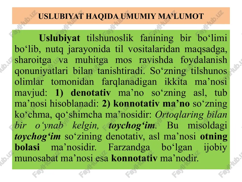 va h. 4. so’z tarkibida tovushlarning almashinuvi: munchoq – mo’nchoq, ko’ylak – ko’ynak, qamish –qamich, bog’lamoq – boylamoq va h. 5. so’zlarga qo’shimcha qo’shilishi bilan o’zak-negizda qisqartmalarning hosil bo’lishi: olibdi- opti, kelibdi – kepti va h. so‘zlashuv uslubining leksik xususiyatlari 1. so’zlashuv uslubida asosan so’zlashuv bo’yog’iga ega bo’lgan so’zlar ishlatidladi. 2. so’zlashuv uslubi salbiy va ijobiy munosabatni ifodalovchi hissiy-ta’siriy bo’yoqli so’zlarga juda boy. masalan, bola, farzand, jujuq, churvaqa so’zlari o’zaro sinonim bo’lsa ham, bir-birlaridan ma’no nozikliklari bilan farq qiladi: bola – betaraf so’z, farzand kitobiy uslubga tegishli bo’lsa, jujuq jonli so’zlashuvda ishlatiladi, churvaqa esa salbiy munosabatni ifodalash uchun ishlatiladi. 3. bu uslubda ot turkumidagi so’zlar qisqartirib ishlatiladi: kilogramm – kilo, mil-mil - million, metropoliten - metro va h. 4. so’zlashuv uslubida ko’pgina so’zlar ko’chma ma’noda ishlatiladi: masalan, iskovich so’zi o’z ma’nosida itga nisbatan qo’llanadi, so’zlashuv uslubida esa, insonga nisbatan qo’llanganda, izquvar, ayg’oqchi, josus ma’nolarida ishlatiladi. 5. so’zlashuv uslubi ham yangi …