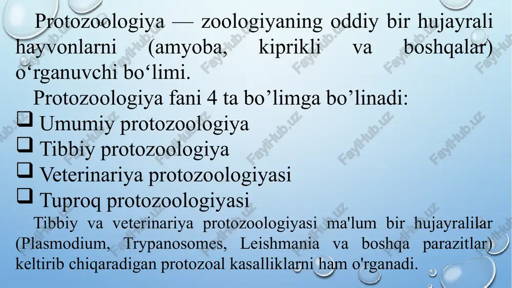ng asarlari jahon miqyosida shuhrat qozondi. n.i.xodukin (1896—1954), l.m.isayev (1868—1964) bezgak pashshalarini o’rganib, ularga qarshi kurash tadbirlarini ishlab chiqishadi. l.m.isayev tashabbusi bilan o’zbekistonda bezgakni tadqiq etuvchi stansiyalar va tibbiyot parazitologiyasi instituti tashkil etildi. o’sha davrda amalga oshirilgan tadbirlar xx asrning 50-yillarda o’rta osiyoda bezgak kasalini batamom tugatish imkonini berdi. 20-yillarida zoologiya sohasidagi asosiy tadqiqotlar yangi tashkil etilgan turkiston universitetida olib borildi. a.l.brodskiy (1882—1943) bir hujayrali hayvonlarni o’rganishni boshlab berdi. u qizilqum faunasini tekshirib, chig’anoqli soxtaoyoqlilarning yangi turlarini topadi va ularni dengiz soxtaoyoqlilari bilan yaqinligini isbotlaydi. bu tadoioot o’rta osiyo qumliklari o’rnida qadimda dengiz bo’lganligidan dalolat beradi. bir hujayrali sodda hayvonlarning protistlar olamida tutgan o’rni bir hujayralilar tuzilishi va funksiyalari. bir hujayralilar kenja dunyosiga mansub bo’lgan hayvonlarning tanasi yagona hujayradan yoki bir-biriga o’xshash tuzilgan hujayralar to’plamidan iborat. bir hujayralilar mustaqil hayot kechira oladigan organizmlar bo’lib, ular modda almashinish, harakatlanish, ta’sirlanish, ko’payish va tirik organizmlar uchun xos bo’lgan barcha xususiyatlarga ega. bunday …