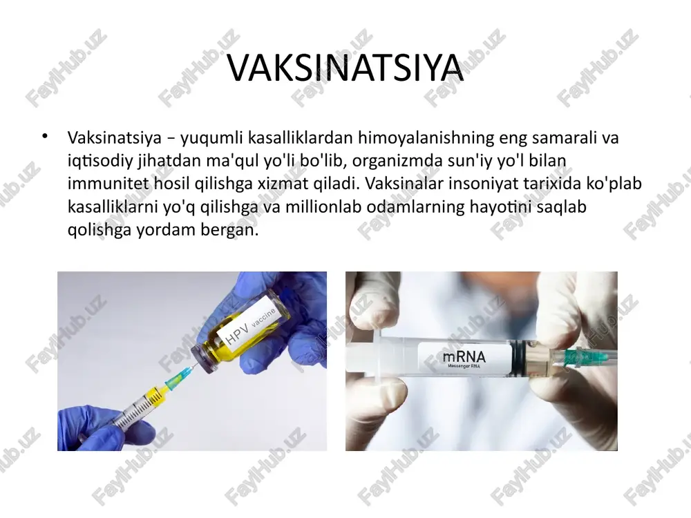 htiradi. konservantlar esa (masalan, tiomersal) vaksinada mikroorganizmlarning ko‘payishini oldini olish va uni xavfsiz saqlashga xizmat qiladi. vaksinatsiya kalendari o‘zbekistonda quyidagilar milliy emlash kalendariga kiritilgan: - bcg – tug‘ilganda. - gepatit b – hayotning 1-kunida. - dtp – 2, 3, 4, 16 oylikda. - poliomielit – 2, 3, 4, 16 oylikda. - qizamiq, qizilcha, parotit – 12 oylikda va 6 yoshida kpk k-kor (qizamiq) p-parotit (epidemik parotit) k-krasnuxa (qizilcha)). - gripp – tavsiya etilgan guruhlarga har yili. vaksinatsiya turlari - profilaktik vaksinatsiya – kasallikni oldini olish. - favqulodda vaksinatsiya – o‘chog‘dagi yuqumli kasalliklarda. - revaksinatsiya – immunitetni mustahkamlash. - massoviy vaksinatsiya – epidemik xavf bo‘lganda. vaksinatsiyaning samarasi - kasallanish va o‘lim hollari kamayadi. - yuqumli kasalliklar tarqalishi to‘xtatiladi. - jamoaviy immunitet shakllanadi. - chechak yo‘q qilindi, poliomielit kamaydi. vaksinatsiya va jamoaviy immunitet jamoaviy immunitet — aholining ko‘pchiligi emlanganda, kasallik tarqalishi cheklanadi va hatto emlanmaganlar ham himoyalanadi. bu immunizatsiyaning eng katta afzalliklaridan …