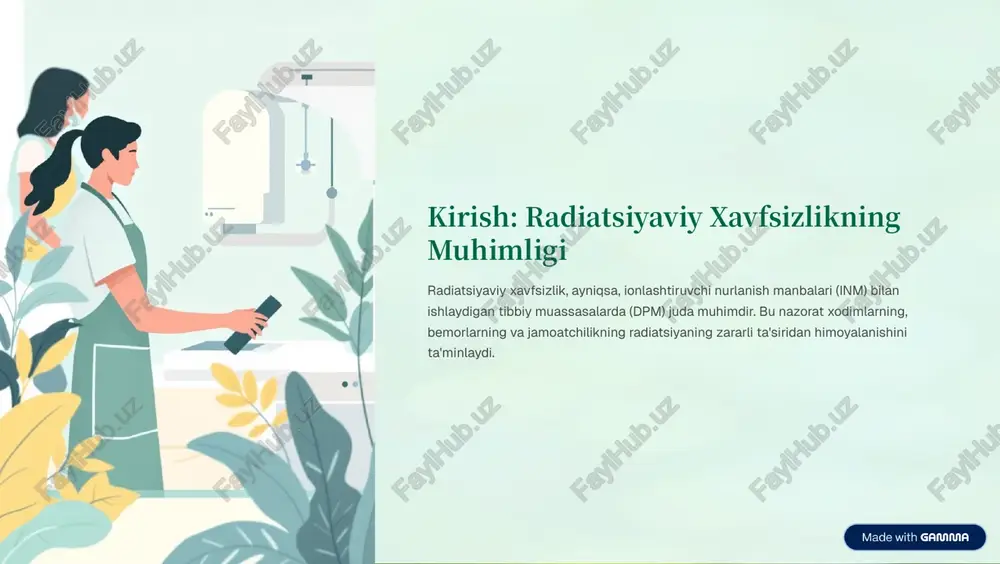 g'ilgan ma'lumotlarni tahlil qilish va hisobotlar tayyorlash. � yillik kalibratsiya barcha o'lchov asboblarini kalibratsiyadan o'tkazish. https://gamma.app/?utm_source=made-with-gamma ma'lumotlarni tahlil qilish va hisobot berish yig'ilgan dozimetrik va radiometrik ma'lumotlar muntazam ravishda tahlil qilinishi va tegishli hisobotlar tayyorlanishi kerak. bu har qanday anomaliyalarni aniqlash va zarur choralarni ko'rish imkonini beradi. ma'lumotlarni tahlil qilish quyidagilarni o'z ichiga oladi: nurlanish dozalarining me'yoriy qiymatlarga mosligini tekshirish. kontaminatsiya darajalarini baholash. xavfsizlik choralarining samaradorligini monitoring qilish. https://gamma.app/?utm_source=made-with-gamma xavfsizlik protokollari va favqulodda vaziyatlar rejasi har bir dpmda aniq belgilangan xavfsizlik protokollari va favqulodda vaziyatlar rejasi bo'lishi shart. bu radiatsiyaviy hodisalar yuz berganda tezkor va samarali javob berishni ta'minlaydi. protokollar inm bilan ishlash bo'yicha aniq ko'rsatmalar. favqulodda reja radiatsiyaviy hodisalar uchun harakatlar ketma-ketligi. o'qitish xodimlarni muntazam ravishda o'qitish va tayyorlash. https://gamma.app/?utm_source=made-with-gamma qonunchilik va me'yoriy hujjatlar dozimetrik va radiometrik nazorat milliy va xalqaro qonunchilik hamda me'yoriy hujjatlarga muvofiq amalga oshirilishi kerak. bu standartlarga rioya qilish radiatsiyaviy xavfsizlikning huquqiy asosini ta'minlaydi. "radiatsiyaviy …