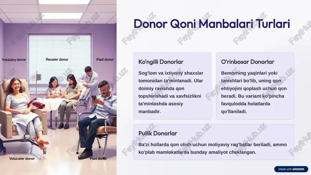 kontsentrati trombotsitlarning kamligi yoki funktsiyasining buzilishi holatlarida ishlatiladi. 5 qon komponentlarini tayyorlash texnologiyasi qonni yig‘ish steril sharoitda donor qonini olish sentrifugirlash qonni tarkibiy qismlarga ajratish komponentlarni qadoqlash har bir qismini maxsus paketlarga joylashtirish sovutish va saqlash harorat nazorati ostida saqlash va davomiyligini ta'minlash 6 qon komponentlarini saqlash shartlari qizil qon hujayralari 2-6 °c haroratda 35-42 kungacha saqlanadi. plazma −18 °c yoki past haroratda yillar davomida saqlanishi mumkin. trombotsitlar 20-24 °c haroratda, doimiy aralashtirib, faqat 5 kun saqlanadi. 7 qon donorlari uchun moslik va testlar qon guruhlari va mosligi a, b, ab, va 0 guruhlari hamda rh faktorining aniqlanishi muhim ahamiyatga ega. qo‘shimcha testlar zararlilardan toza qon uchun infeksion va boshqa xavfli holatlar uchun skrining o'tkaziladi. 8 qon komponentlari emalda: klinik misollar anemiya davolash qizil qon hujayralari konsentrati bilan eritrotsit yetishmovchiligi bartaraf etiladi. qon ivishi buzilganda plazma preparatlari qon ivishini tartibga solish uchun qo‘llaniladi. qon trombotsitlarining pastligi trombotsit konsentrati qon tizimini …