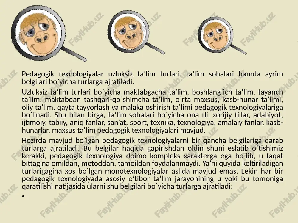 niladigan asosiy metod bo`yicha pedagogik texnologiyalar quyidagi turlarga ajratiladi: dogmatik, reproduktiv metod ; tushuntirish, ko`rgazmali; rivojlantiruvchi ta’lim; muammoli, izlanishli; ijodiy metod; dasturlashtirilgan ta’lim metodi ; dialogli metod; o`yin metodi ; o`z-o`zini rivojlantiruvchi ta’lim metodi; axborotli ( kompyuterli) ta’lim metodi tashkiliy shakllariga ko`ra pedagogik texnologiyalar quyidagi turlarga bo`linadi: hozirgi an’anaviy ta’lim; shaxsga yo`naltirilgan pedagogik jarayon asosidagi pedagogik texnologiyalar; o`quvchilar faoliyatini faollashtirish va jadallashtirish asosidagi pedagogik texnologiyalar; o`quv jarayonini boshqarish va tashkil qilish samaradorligi asosidagi pedagogik texnologiyalar; materialni didaktik takomillashtirish va rekonstruksiyalash asosidagi pedagogik texnologiyalar; xususiy fanlar pedagogik texnologiyalari; alternativ texnologiyalar; tabiatga moslashtirilgan texnologiyalar; rivojlantiruvchi ta’lim texnologiyalri; mualliflik maktablari pedagogik texnologiyalari; texnologiyalarni loyihalash va o`zlashtirish texnologiyalari. bundan tashqari shaxsning xususiyat va sifatlari tarkibiga yo`naltirilganlik bo`yicha pedagogik texnologiyalar quyidagi turlarga ajratiladi: fanlar bo`yicha bilim, ko`nikmalarni shakllantirishga yo`naltirilgan –axborot texnologiyalar; aqliy faoliyat usullarini shakllantirishga yo`naltirilgan –operatsion texnologiyalari; estetik va axloqiy munosabatlar sohasini shakllantirishga yo`naltirilgan emotsional-badiiy va emotsional axloqiy texnologiyalar; shaxsning o`z-o`zini rivojlantirish mexanizmlarini shakllantirishga …