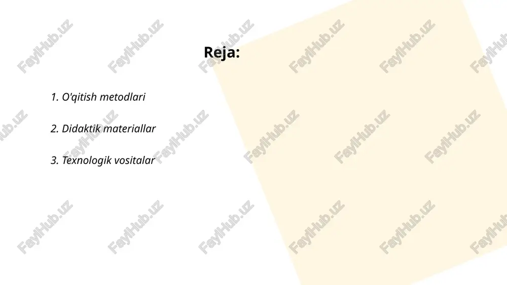 . 2023-yilda mobil internetning kirib kelish tezligi 75% ga yetdi. shuningdek, 2022-yilda mamlakat bo'ylab umumiy telefon aloqasi foydalanuvchilari soni 26 millionga yetdi. elektron tijorat bozori ham o'sib bormoqda va 2023 yilda umumiy hajm 500 million aqsh dollaridan oshdi. bularning barchasi texnologik vositalarning ahamiyati va rivojlanishini ko'rsatadi. ... t.me/slaydai_bot 4. interaktiv metodlar interaktiv metodlar ta'lim jarayonida o'quvchilarni faol ishtirok etishga undaydigan usullar hisoblanadi. bu usullar, jumladan guruhli muhokamalar, rolli o'yinlar, va savol-javob sessiyalari, o'quvchilarning bilimlarini chuqurlashtirishga yordam beradi. statistikaga ko'ra, interaktiv yondashuvlar ma'ruzaga nisbatan 30% dan 70% gacha yuqori darajadagi tushunishni ta'minlaydi. interaktiv metodlar o'quvchilarni 80% gacha axborotni saqlashlariga imkon beradi. akt (axborot-kommunikatsiya texnologiyalari) bilan birlashtirilgan holda, interaktiv usullar ta'lim sifatini sezilarli darajada oshiradi va 60% dan ko'proq o'quvchi bilimini samarali oshirishi mumkin. interaktiv metodlar nafaqat nazariy bilimlarni, balki amaliy ko'nikmalarni ham rivojlantiradi. ... t.me/slaydai_bot 5. baholash tizimlari, o‘quvchilar va talabalarning bilim, ko‘nikma hamda malakalarini aniqlashda foydalaniladigan usullar to‘plamidir. baholash tizimlari, …