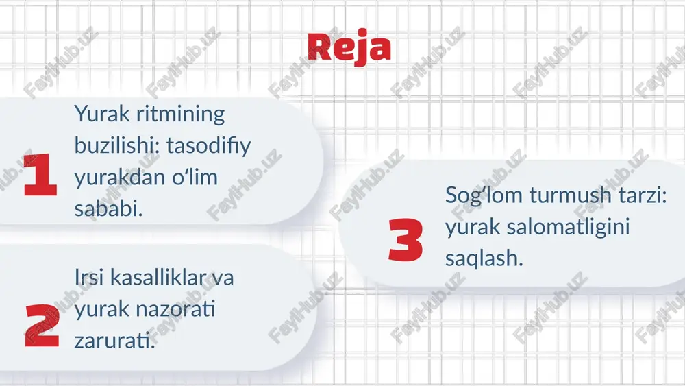 ishi tufayli arteriya bosimi tushadi. natijada, miya va yurakka qon yetmaydi, bu ularning faoliyatini to‘xtatadi. patologik sikl: tuzilmaviy nuqsonlar yurakda elektr impulslarida muammo keltirib chiqaradi. yurak tartibsiz qisqaradi yoki to‘xtaydi, bu esa qon aylanishi va hayotiy organlar faoliyatining buzilishiga olib keladi. aritmiyalarni erta aniqlash va oldini olish juda muhim. yurakni muntazam tekshirtirish va sog‘lom turmush tarziga rioya qilish orqali tasodifiy yurakdan o‘lim xavfini kamaytirish mumkin. oldini olish choralari yurakni muntazam tekshirtirish orqali yurak kasalliklarining erta aniqlanishi va oldini olish mumkin. bu jarayon yurakning holatini aniqlashda muhim ahamiyatga ega. irsi kasalliklar mavjud bo‘lganda, bemorlar muntazam ravishda tibbiy nazoratda bo‘lishi zarur. bu holat yurakning salomatligini saqlash va muammolarni erta aniqlash imkonini beradi. sog‘lom turmush tarziga amal qilish yurak sog‘ligini yaxshilashda muhimdir. ba’zi hollarda, yurakka defibrillyator o‘rnatilishi zarur, bu to‘satdan yurak to‘xtashini oldini olish uchun qo‘llaniladi. irsi kasalliklar va yurak sog‘lig‘i irsi kasalliklar yurak sog‘lig‘iga salbiy ta'sir ko‘rsatadi. brugada va uzun qt sindromlari …