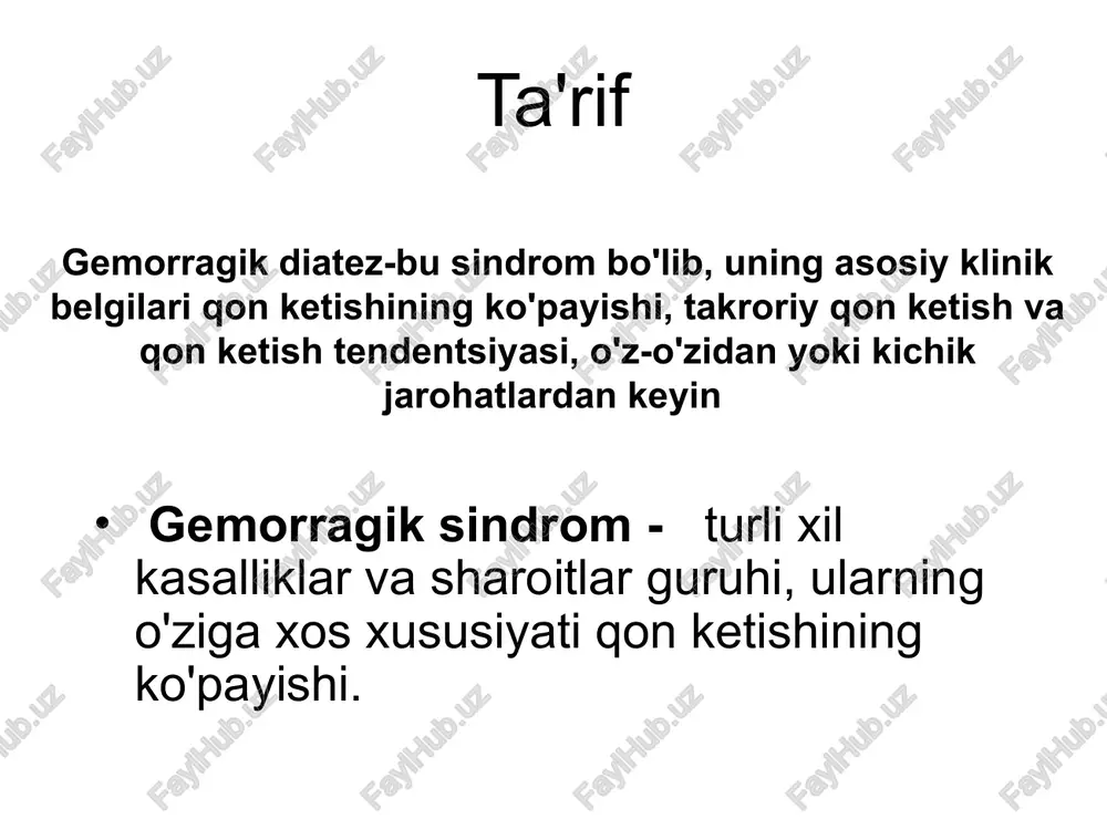 mbotsitopenik purpura (verlgof kasalligi gemofiliya gemorragik vaskulit buzilish antikoagulyant va fibrinolitik tizimning disfunktsiyasi endoteliy gemorragik diatezlarning tasnifi trombotsitlar bog'lanishidagi nuqson tufayli paydo bo'lgan gd: a. trombotsitlar sonining etishmasligi. b. trombotsitlarning funktsional pastligi. b. trombotsitlarning miqdoriy va sifat patologiyasining kombinatsiyasi. prokoagulyantlarning nuqsoni (gemofiliya) tufayli gd: a. fibrin hosil bo'lishi uchun zarur bo'lgan ularning miqdori etarli emas. b. individual prokoagulyantlarning funktsional faolligi etarli emas. b. qonda individual prokoagulyantlarning ingibitorlarining mavjudligi. qon tomir devoridagi nuqson tufayli gd: a. tug'ma. b. sotib olingan haddan tashqari fibrinoliz tufayli hd bo'lishi mumkin: a. endogen (birlamchi va ikkilamchi). b. ekzogen. gemostaz tizimining turli tarkibiy qismlarining buzilishi (villebrand kasalligi, dic sindromi va boshqalar) kombinatsiyasi tufayli gd. gd ning eng keng tarqalgan sabablari 1) aplastik anemiya; 2) o'tkir leykemiya; 3) surunkali miyeloid leykemiya; 4) politsitemiya vera; 5) subleykemik miyeloz; 6) surunkali limfotsitik leykemiya; 7) ko'p miyeloma 8) valdenstromning makroglobulinemiyasi; 9) otoimmun trombotsitopenik purpura; 10) temir tanqisligi anemiyasi; 11) gemofiliya; …