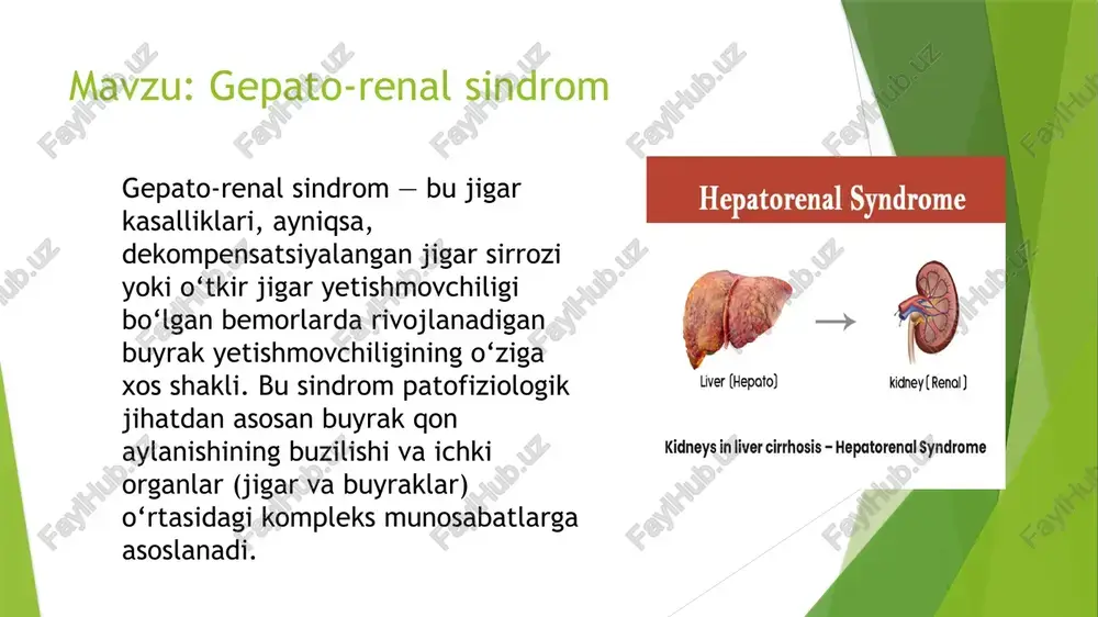 nflammatsiya va sitokinlarning rol o‘ynashi • jigar kasalliklari natijasida ichakdan toksinlarning o‘tib ketishi (giperpermeabilitet) yallig‘lanishni kuchaytiradi. • tumor nekroz faktori-alfa (tnf-α), interleykin-6 kabi yallig‘lanish sitokinlari buyrak qon aylanishini qo‘shimcha ravishda yomonlashtiradi. patofiziologik bosqichlari 1. erta bosqich (funksional yetishmovchilik): • buyrakda hech qanday morfologik o‘zgarishlar bo‘lmaydi. • qon aylanishining faqat funksional buzilishlari kuzatiladi. 2. kech bosqich (morfologik o‘zgarishlar): • buyrak kanallari va glomerulalar shikastlanadi. • bu esa doimiy oliguriya va azotemiyaga olib keladi. gepato-renal sindromning klinik turlari 1. 1-tur grs: • tez rivojlanadi (bir hafta ichida). • odatda og‘ir jigar yetishmovchiligi fonida paydo bo‘ladi. • kreatinin darajasi tez ko‘tariladi (>221 mmol/l). 2. 2-tur grs: • sekin rivojlanadi, surunkali shaklda kechadi. • asosan portal gipertenziya va ascit bilan bog‘liq. • kreatinin darajasi o‘rtacha oshadi. davolashning patofiziologik asoslari 1. qon aylanishini tiklash: • plazma hajmini oshirish: albumin infuziyalari suyuqlikni qon aylanish tizimiga qaytaradi. • vazokonstriktorlar (terlipressin): visseral qon tomirlarni toraytiradi va buyrak perfuziyasini …