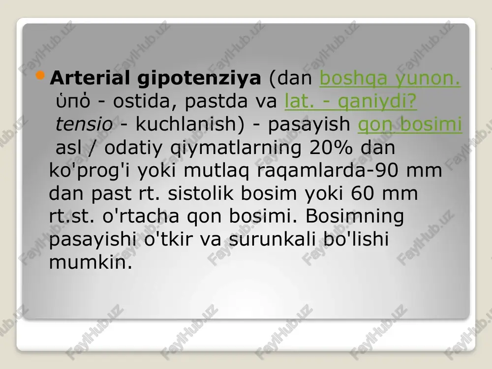 il aynish va zaiflik ertalab yuzning shishishi oyoq-qo'llarning uyquchanligi tushunarsiz tashvish hissi arterial gipertenziya – doimiy yuqori qon bosimi 140/90 mm dan yuqori rt.st, natijada arteriyalar va sertzning tuzilishi va funktsiyalari buziladi. sabablari : ortiqcha vazn harakatsiz turmush tarzi nerv-ruhiy yuklar irsiy moyillik noto'g'ri ovqatlanish spirtli ichimliklarni suiiste'mol qilish, chekish miya chayqalishi qandli diabet menopoz bilan tanani qayta qurish murakkablik: gipertonik inqiroz qon tomir yurak xuruji ko'rish buzilishi yurak etishmovchiligi buyrak etishmovchiligi etimologiya: hyper yunon tilidan. yuqorida, ortiqcha-me'yordan oshganligini ko'rsatadigan prefiks; tensio - latdan. - kuchlanish; tonos yunon tilidan. - kuchlanish. shunday qilib, "gipertenziya" va "gipertenziya" atamalari aslida bir xil narsani anglatadi - "super kuchlanish" miyokard infarkti etimologiya yurak xuruji (lat.(lotin) infarcio - to'ldirish), qon ta'minoti to'xtatilishi natijasida organ yoki to'qimalarning nekrozi (nekrozi) o'chog'i. miyokard- (mio ... va yunon tilidan. kardia - yurak) (yurak mushagi), yurakning mushak to'qimasi, uning massasining asosiy qismini tashkil qiladi. miyokard infarkti - bu yurak mushagining …