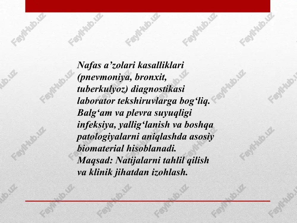 , rentgen, biopsiya bilan birgalikda tahlil. xulosa va tavsiyalar ma’lumot: balg‘am va plevra suyuqligi tahlili – nafas a’zolari kasalliklarini aniqlashda muhim. to‘g‘ri namuna olish (steril idish, ertalab) va tezkor tahlil zarur. tavsiya: natijalarni klinik belgilar bilan birgalikda baholash. kontakt: [sizning emailingiz yoki telefoningiz]. etiboringiz uchun raxmat /docprops/thumbnail.jpeg