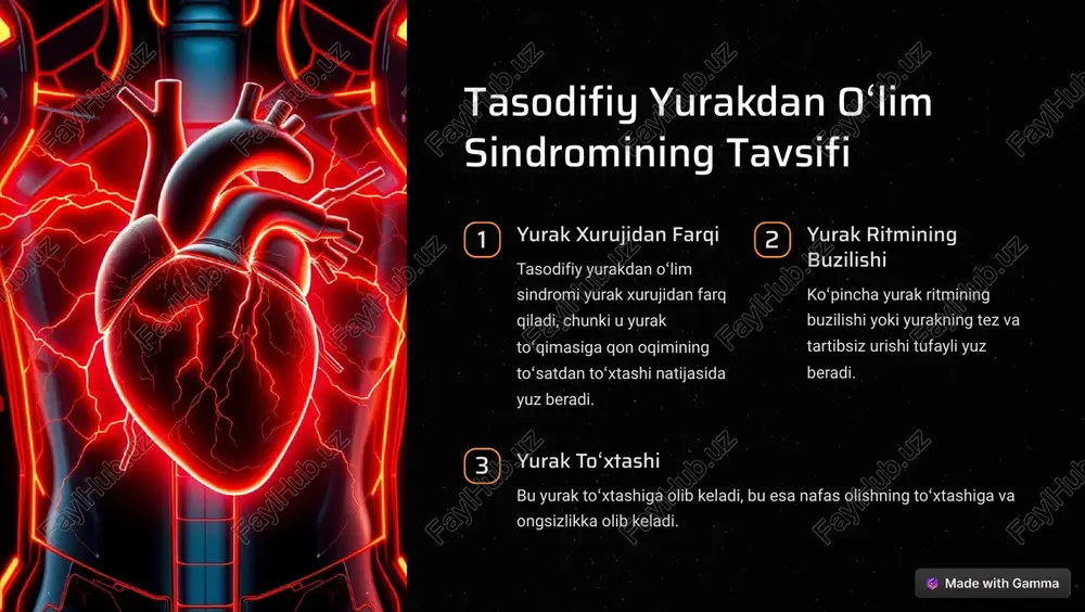 yurak faoliyatini yozib olish. 4 �on tahlillari qonda turli xil kimyoviy moddalarning darajasini tekshirish. https://gamma.app/?utm_source=made-with-gamma tasodifiy yurakdan oʻlim sindromini davolash defibrillyatsiya yurak ritmini tiklash uchun elektr toki qoʻllash. dori-darmonlar yurak urishini boshqarish va yurak xastaligini davolash uchun dori-darmonlarni qoʻllash. jarrohlik amaliyoti yurak ritmini tiklash yoki yurak nuqsonlarini tuzatish uchun jarrohlik amaliyoti oʻtkazish. https://gamma.app/?utm_source=made-with-gamma tasodifiy yurakdan oʻlim sindromini oldini olish sogʻlom turmush tarzi toʻgʻri ovqatlanish, muntazam mashq qilish, chekishdan voz kechish, spirtli ichimliklarni kamaytirish. yurak xastaliklarini erta aniqlash muntazam tibbiy koʻrikdan oʻtish, qon bosimi va xolesterin darajasini tekshirish. yurak xastaligi xavfini kamaytirish semirish, qon bosimi, xolesterin darajasi va qandli diabet kabi xavf omillarini nazorat qilish. https://gamma.app/?utm_source=made-with-gamma tasodifiy yurakdan oʻlim sindromining epidemiologiyasi yosh yosh bolalarda va keksa yoshdagi odamlarda koʻproq uchraydi. jinsiyat erkaklarda ayollarga qaraganda koʻproq uchraydi. geografik joylashuv turli mamlakatlarda turli xil darajada uchraydi. https://gamma.app/?utm_source=made-with-gamma tasodifiy yurakdan oʻlim sindromida oʻlim holatlari 1 birinchi yordam toʻsatdan yurak toʻxtashi boʻlganida tezkor tibbiy yordam …