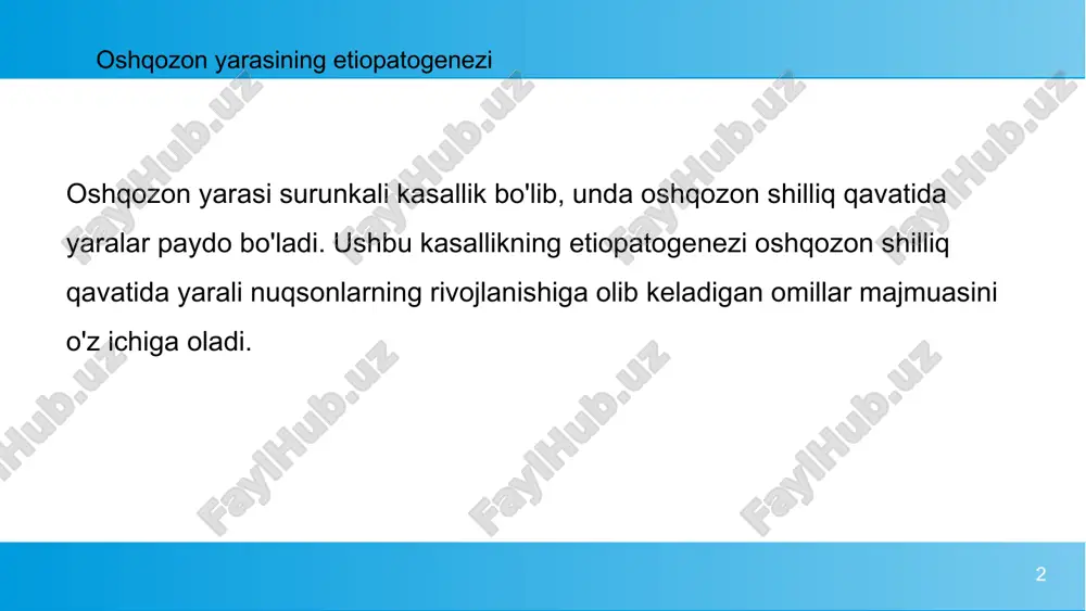 qavatni o'z-o'zidan hazm qilishdan himoya qiluvchi boshqa komponentlar kiradi. immunologik mexanizmlar. ba'zi bemorlarda otoimmün reaktsiyalar mavjud bo'lib, unda immunitet tizimi shilliq qavat hujayralariga hujum qiladi, zarar etkazadi va davolanishni sekinlashtiradi. 7 psixo-emotsional omillarning roli psixo-emotsional stress stress gormonlarining (adrenalin va kortizol) chiqarilishiga olib keladi, ular xlorid kislota ishlab chiqarishni oshiradi va shilliq qavatning himoya xususiyatlarini kamaytiradi. stress, shuningdek, qon tomirlarining spazmlarini qo'zg'atishi mumkin, bu qon ta'minoti va to'qimalarning yangilanishini buzadi. 8 farmakologik omillar ba'zi dorilar (masalan, steroid bo'lmagan yallig'lanishga qarshi dorilar, masalan, ibuprofen, aspirin) shilliq qavat to'sig'ini buzishi va yarali yaralarni keltirib chiqarishi mumkin. ushbu dorilar prostaglandinlarning sintezini ingibir qiladi, bu esa shilliq qavatni himoya qilishga yordam beradi. 9 o'n ikki barmoqli ichak yarasi o'n ikki barmoqli ichak yarasi surunkali kasallik bo'lib, unda ingichka ichakning (o'n ikki barmoqli ichak) boshlang'ich qismining shilliq qavatida yaralar paydo bo'ladi. oshqozon yarasi singari, o'n ikki barmoqli ichak yarasi ham agressiv omillar (yuqori kislotalilik, helicobacter …