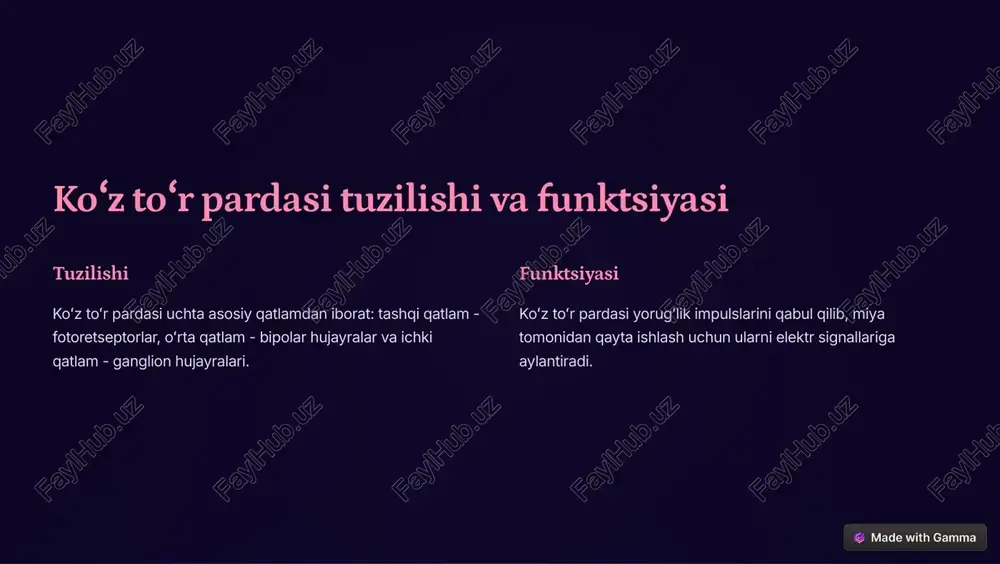 yupqalashishiga olib kelishi mumkin. 2 yirtilish yupqa boʻlgan retina toʻqimasi yirtilib, teshik paydo boʻlishi mumkin. 3 suyuqlik toʻplanishi teshikga suyuqlik toʻplanishi koʻrish qobiliyatini pasaytiradi. https://gamma.app/?utm_source=made-with-gamma myopik makulyar degeneratsiya miyopa koʻzning oʻlchamlari kattalashib, retina toʻqimasi choʻzilib ketadi. makulyar degeneratsiya choʻzilgan retina toʻqimasi yupqalashib, yirtilish xavfi oshadi. koʻrish pasayishi yirtilgan retina toʻqimasi koʻrish qobiliyatini pasaytiradi. https://gamma.app/?utm_source=made-with-gamma retina toʻqimalarining degenerativ oʻzgarishlari fotoretseptorlar yorugʻlikni qabul qiladigan hujayralar shikastlanadi. qon tomirlari qon tomirlari oʻsishi yoki yopilishi sodir boʻladi. drusenlar retina ostidagi toʻqimalarda oqsil va yogʻ toʻplanishi hosil boʻladi. https://gamma.app/?utm_source=made-with-gamma klinik belgilar va diagnostika 1 koʻrish qobiliyatining pasayishi markaziy koʻrish buzilishi, xiralashish, yorugʻlik sezgirligi oshishi. 2 buzilgan koʻrish toʻgʻri chiziqlarning egri koʻrinishi, ranglarni farqlash qobiliyatining pasayishi. 3 diagnostika oftalmoskopiya, optik koherent tomografiya va fluorescein angiografiyasi yordamida amalga oshiriladi. https://gamma.app/?utm_source=made-with-gamma davolash va oldini olish lazer terapiyasi shishni kamaytirish, qon ketishni toʻxtatish yoki gʻayritabiiy qon tomirlarini yoʻqotish uchun qoʻllaniladi. dori vositalari qon tomir oʻsishini oldini olish, shishni kamaytirish …